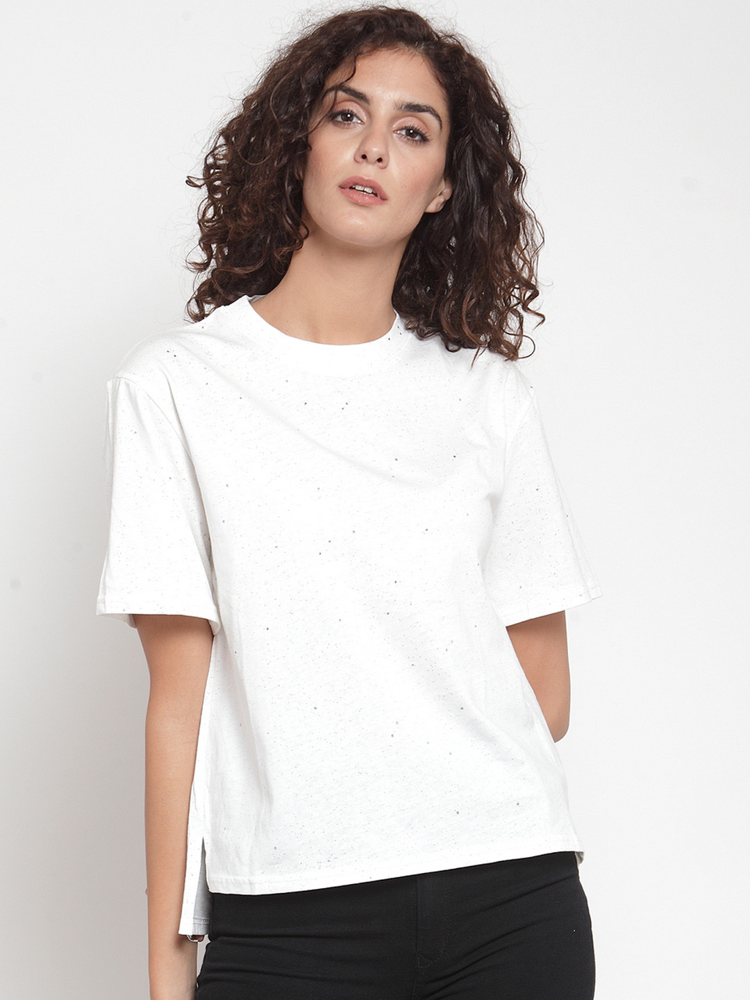 J Style Women White & Grey Printed Round Neck T-shirt