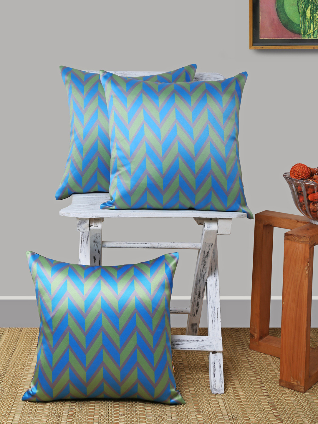 ANS Blue & Olive Green Set of 3 Geometric Square Cushion Covers