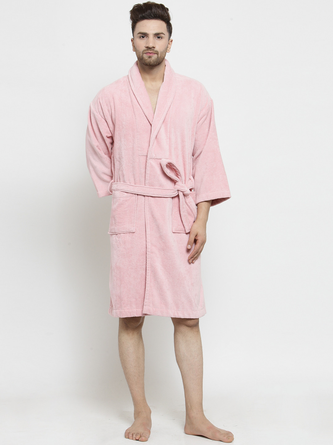 MYTRIDENT Pink Solid Cotton Drawstring Knee Length Bath Robe-L