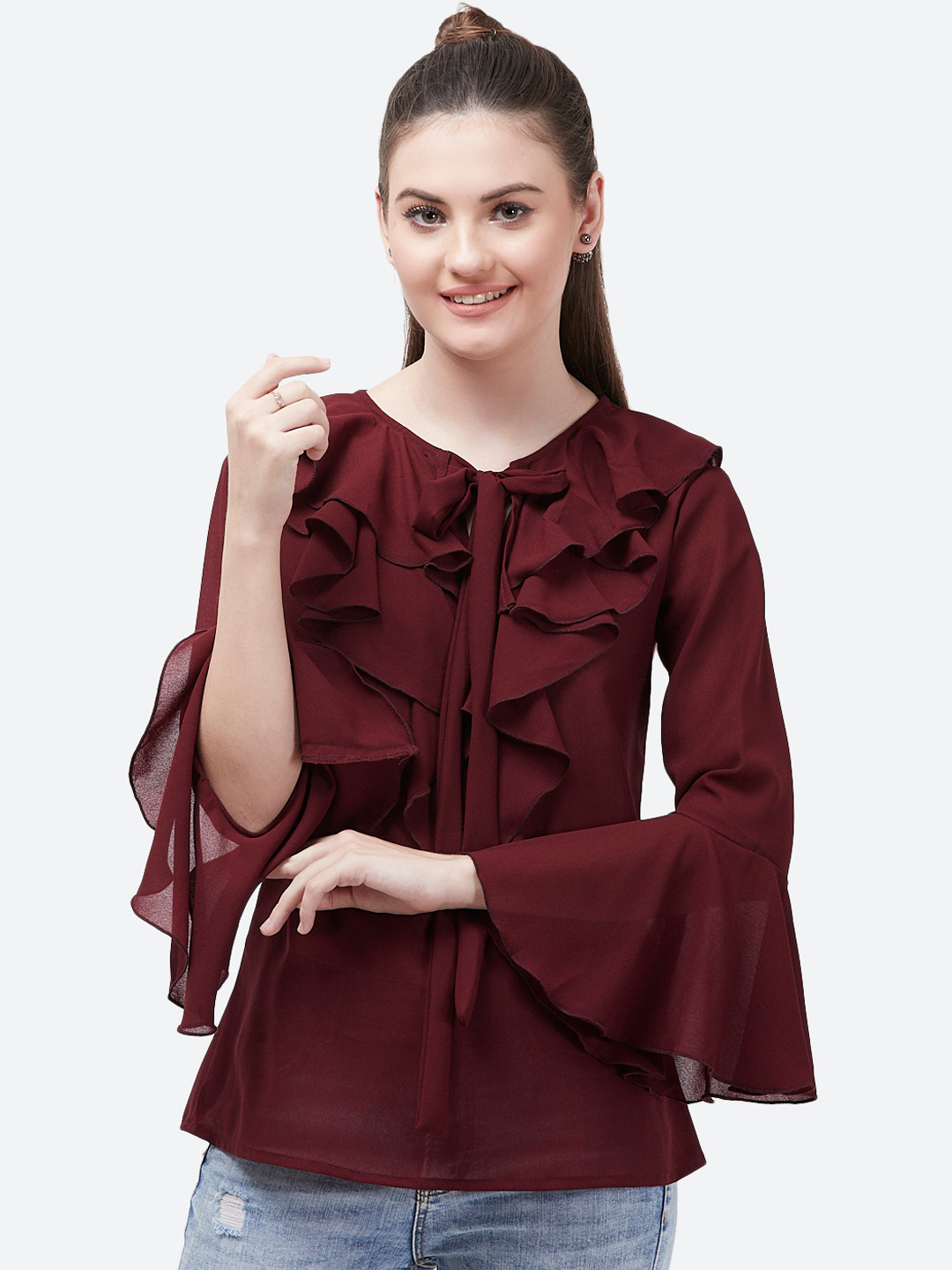 Indietoga Women Tie-Up Neck Ruffles Solid Georgette Top