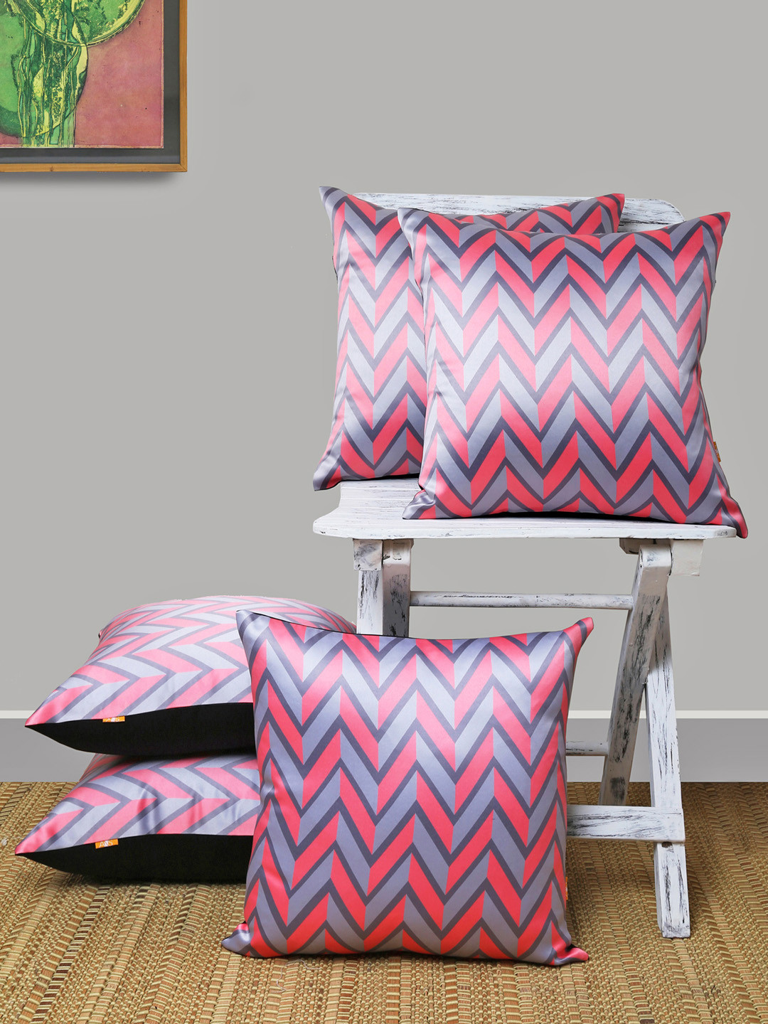 ANS Pink Geometric Polyester Washable 5 Piece Square Cushion Covers -16x16In