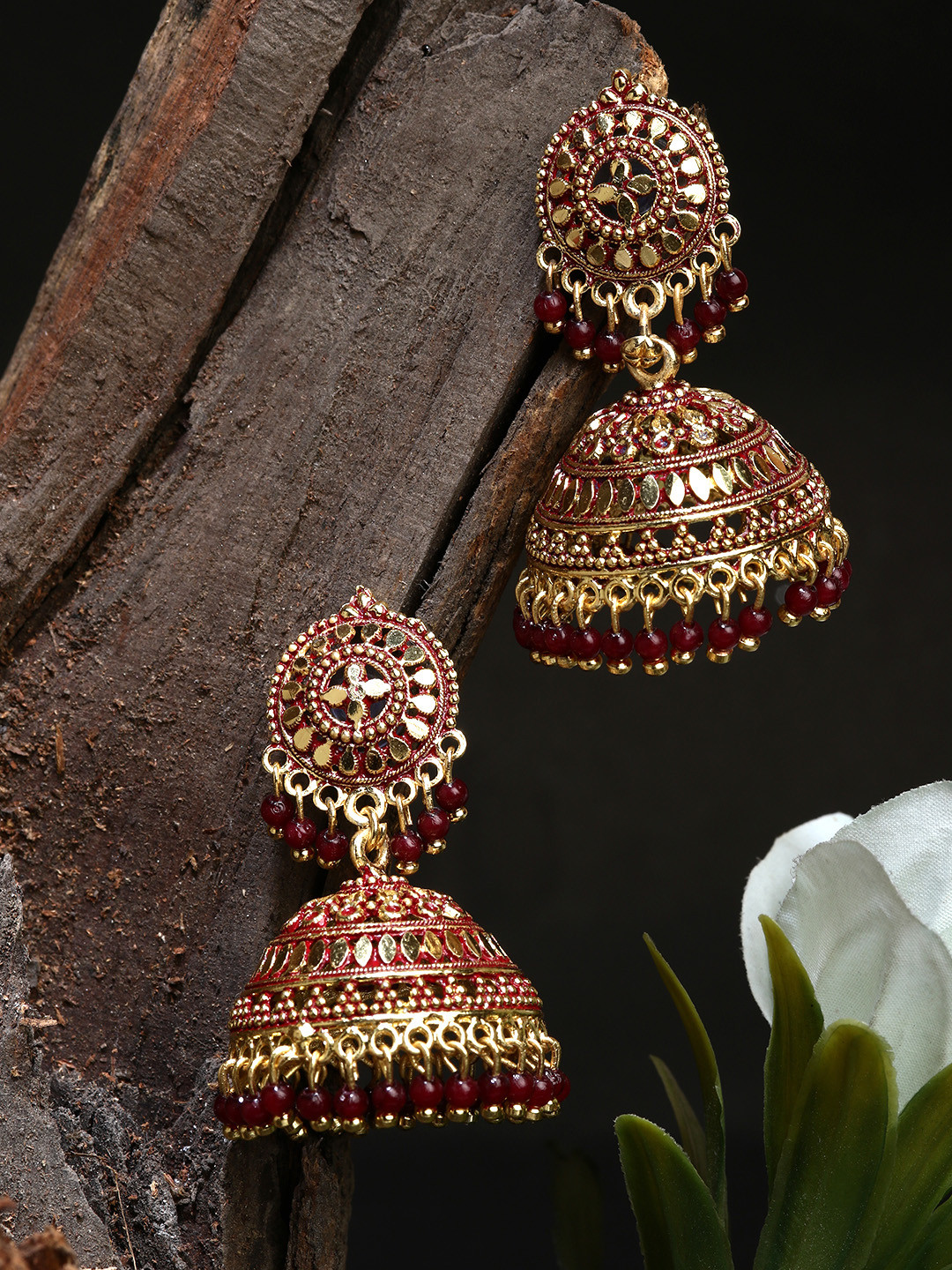 ANIKAS CREATION Gold plated & Maroon Dome Shaped Enamelled Jhumkas