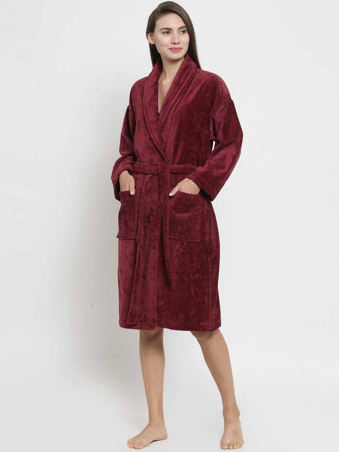 MYTRIDENT Maroon Solid Cotton Drawstring Knee Length Bath Robe-L