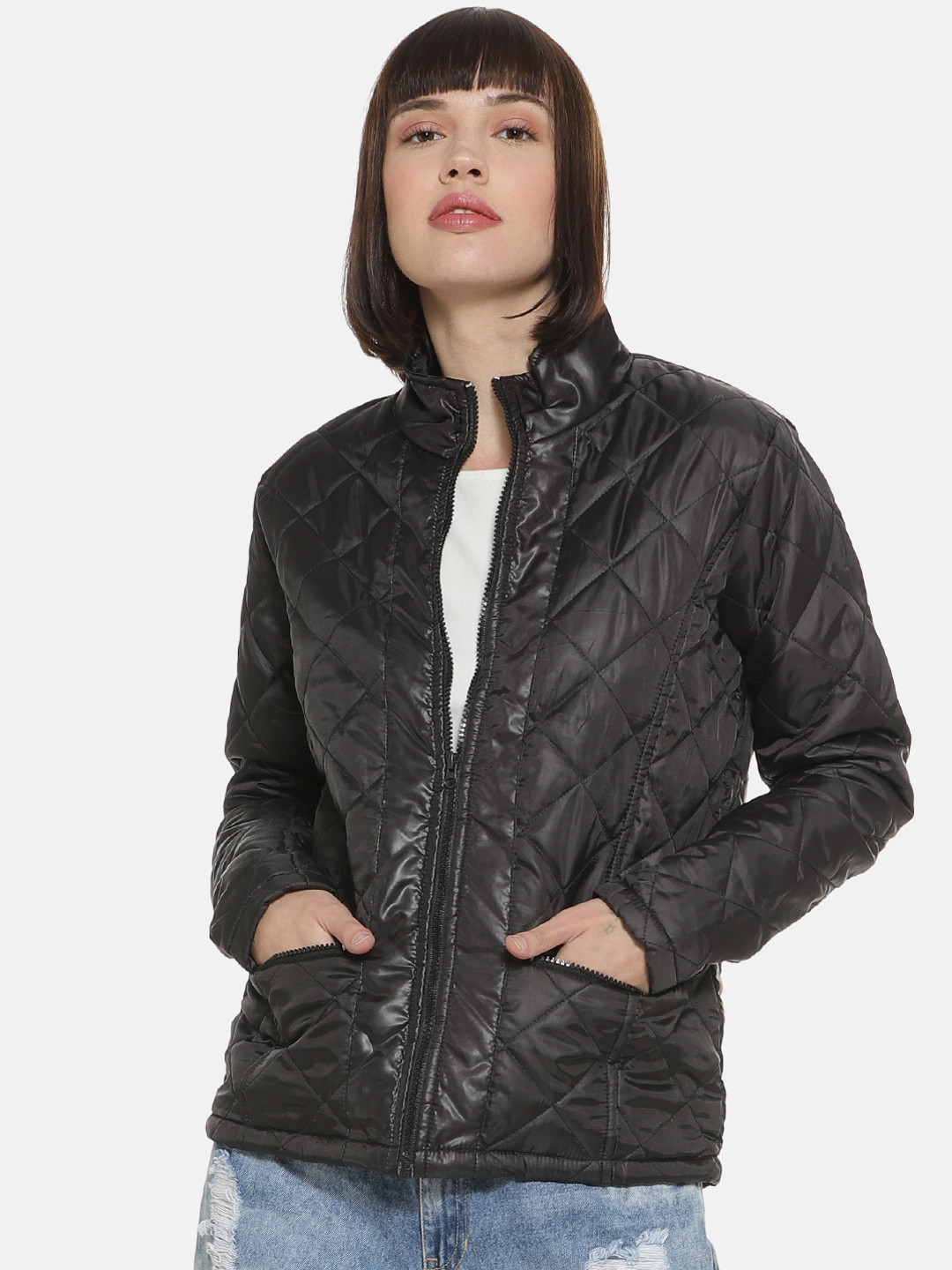 Campus Sutra Women Black Solid Water Resistant Quilted Jacket