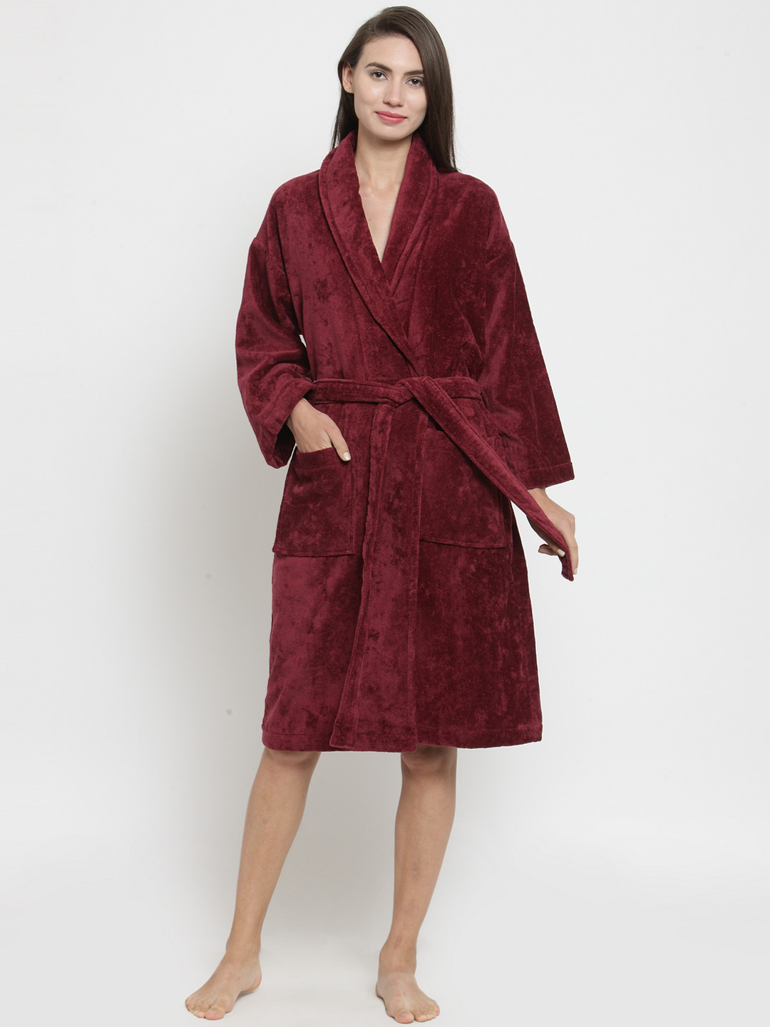 MYTRIDENT Maroon Solid Cotton Drawstring Knee Length Bath Robe-M