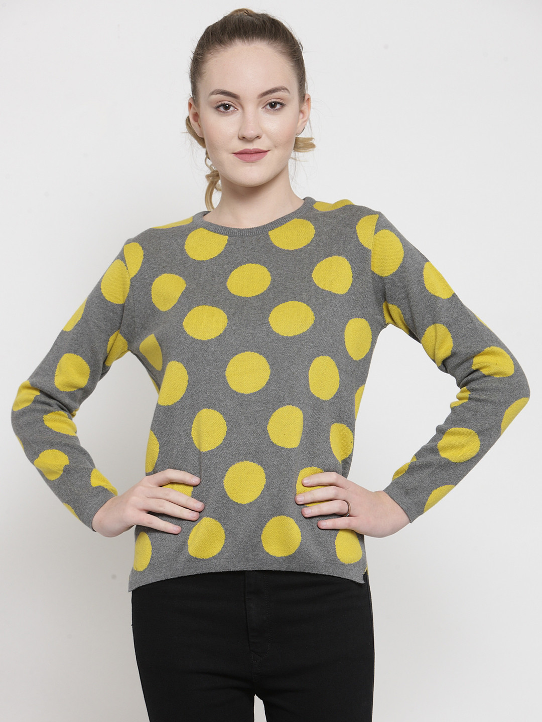 Kalt Women Grey & Yellow Printed Sweater