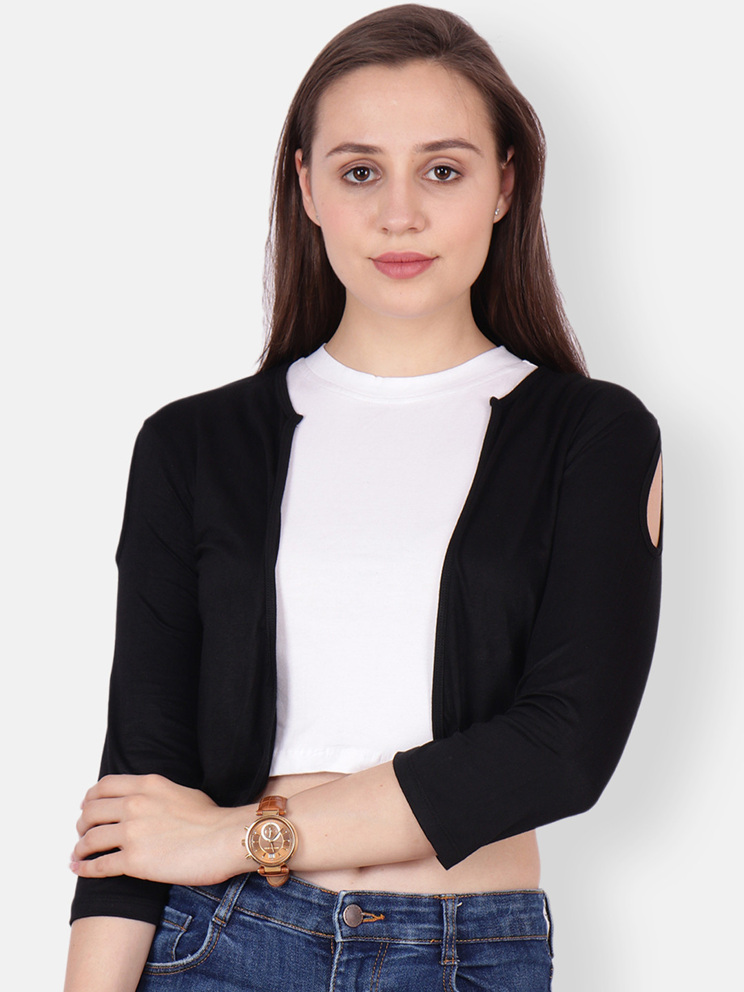 SCORPIUS Women Black Solid Cropped Open Front Shrug