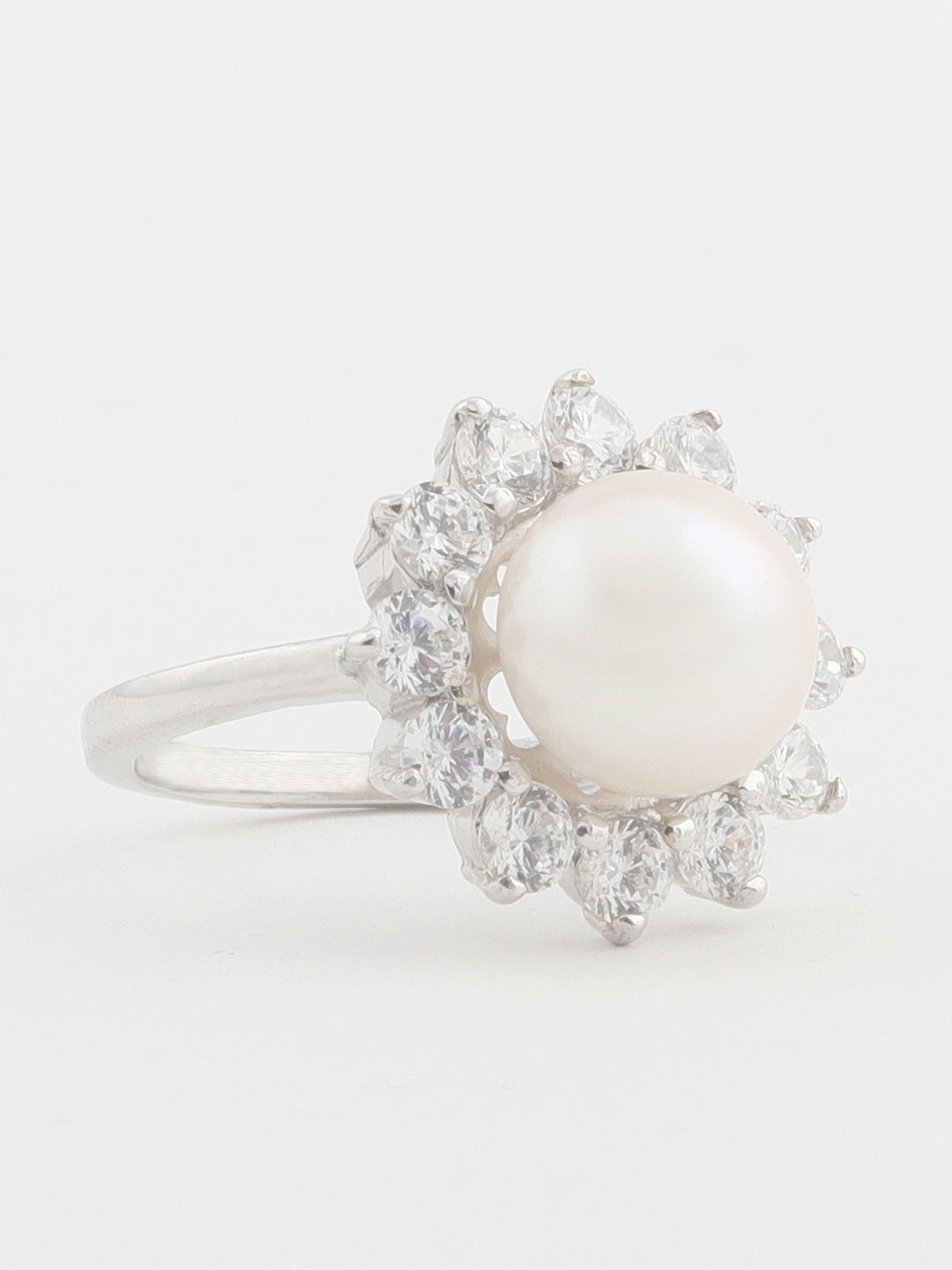 CLARA Women 92.5 Sterling Silver & Off-White CZ-Stone & Pearl Embelished Finger Ring