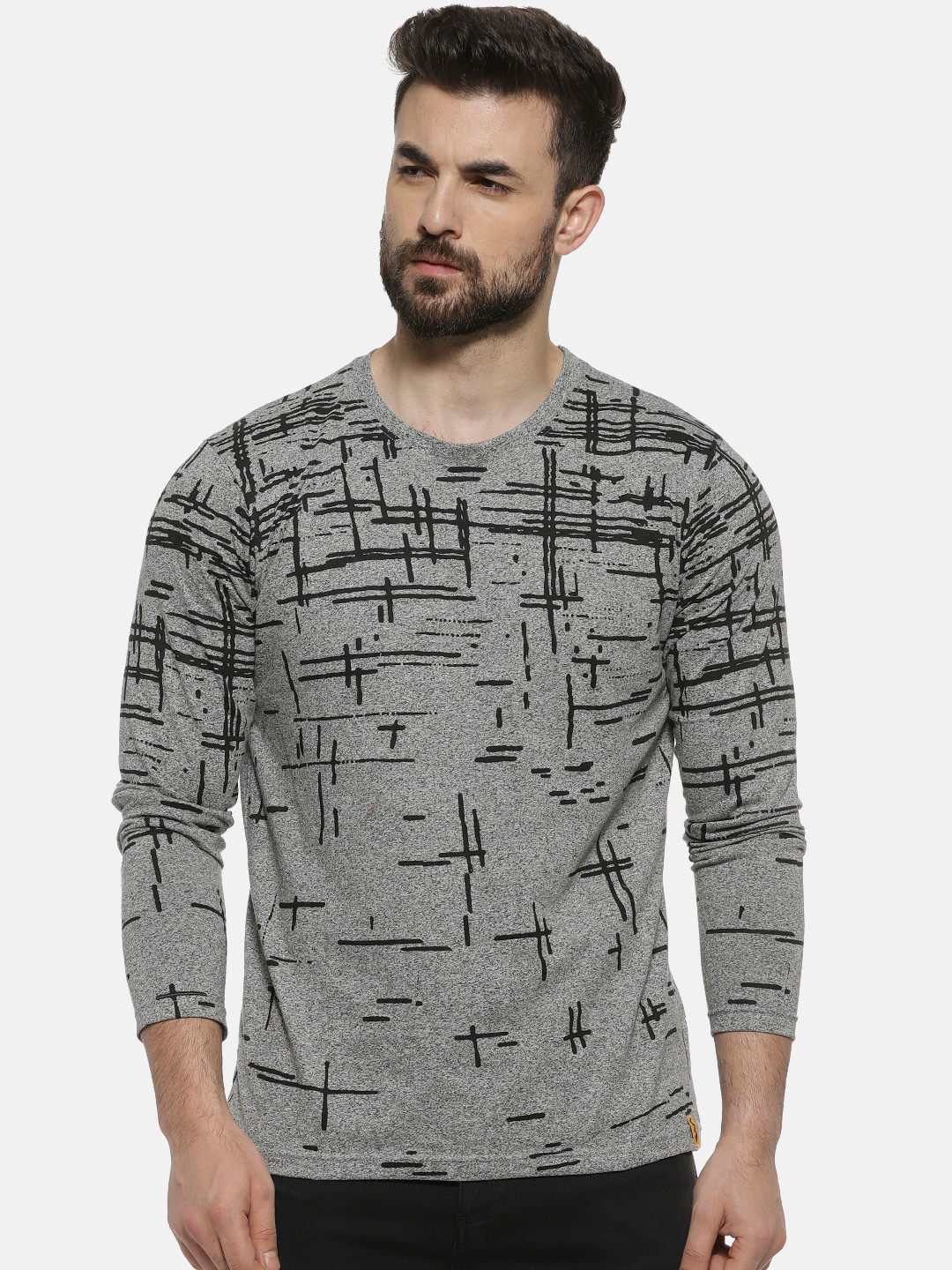 CAHOOT Men Grey & Black Printed Round Neck T-shirt