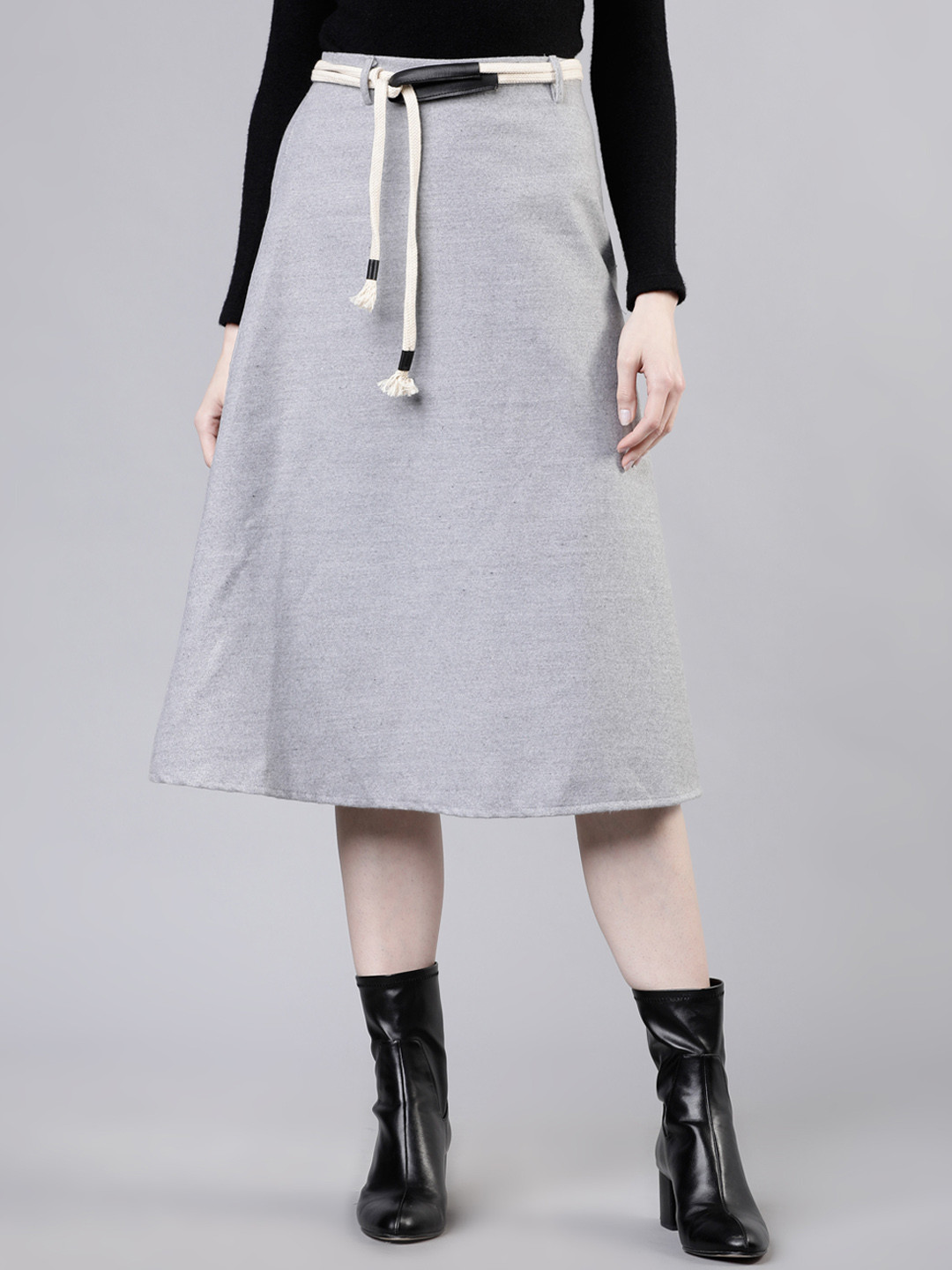 Tokyo Talkies Women Grey Solid A-Line Midi Skirt