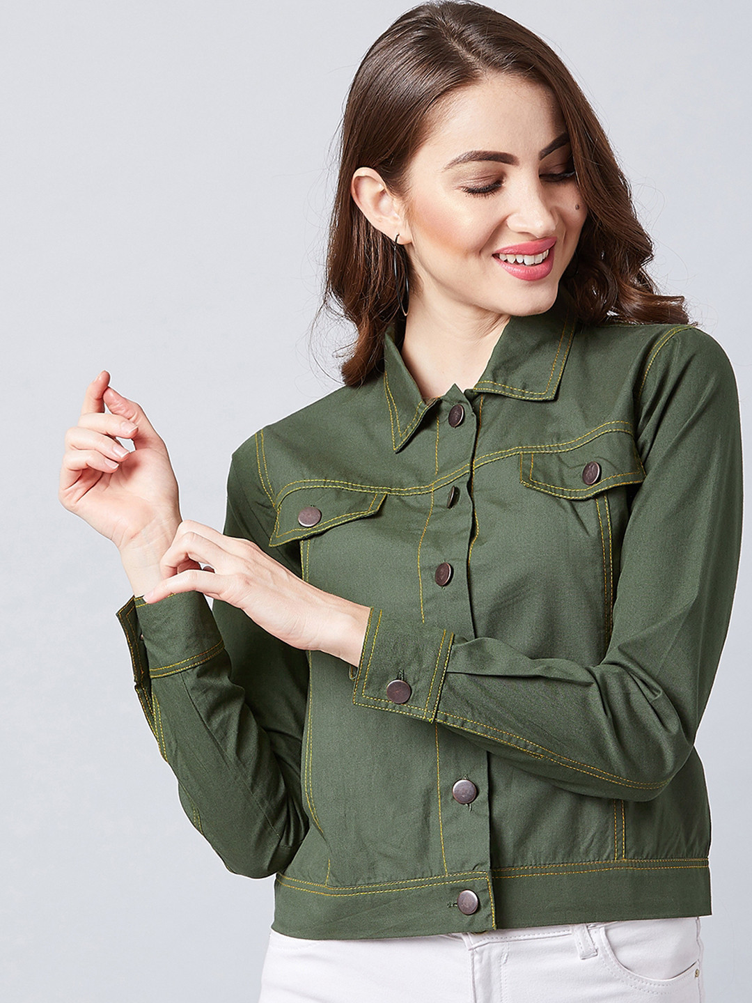 Athena Women Olive Green Solid Tailored Jacket