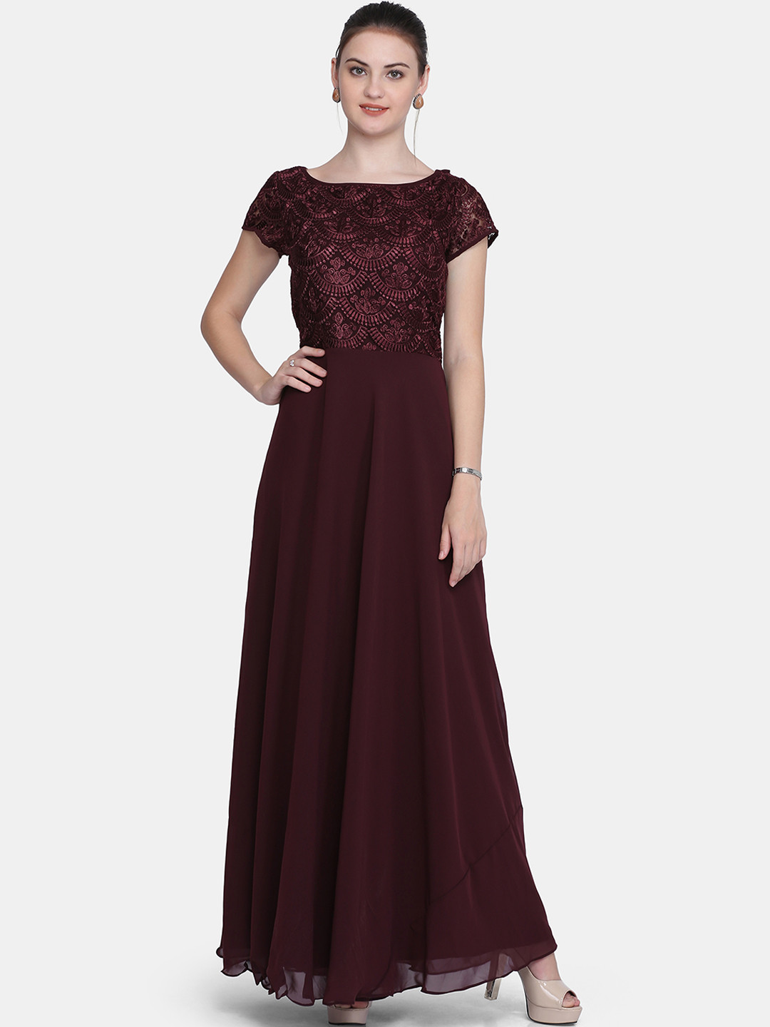 Eavan Coffee Brown Self Design Maxi Dress