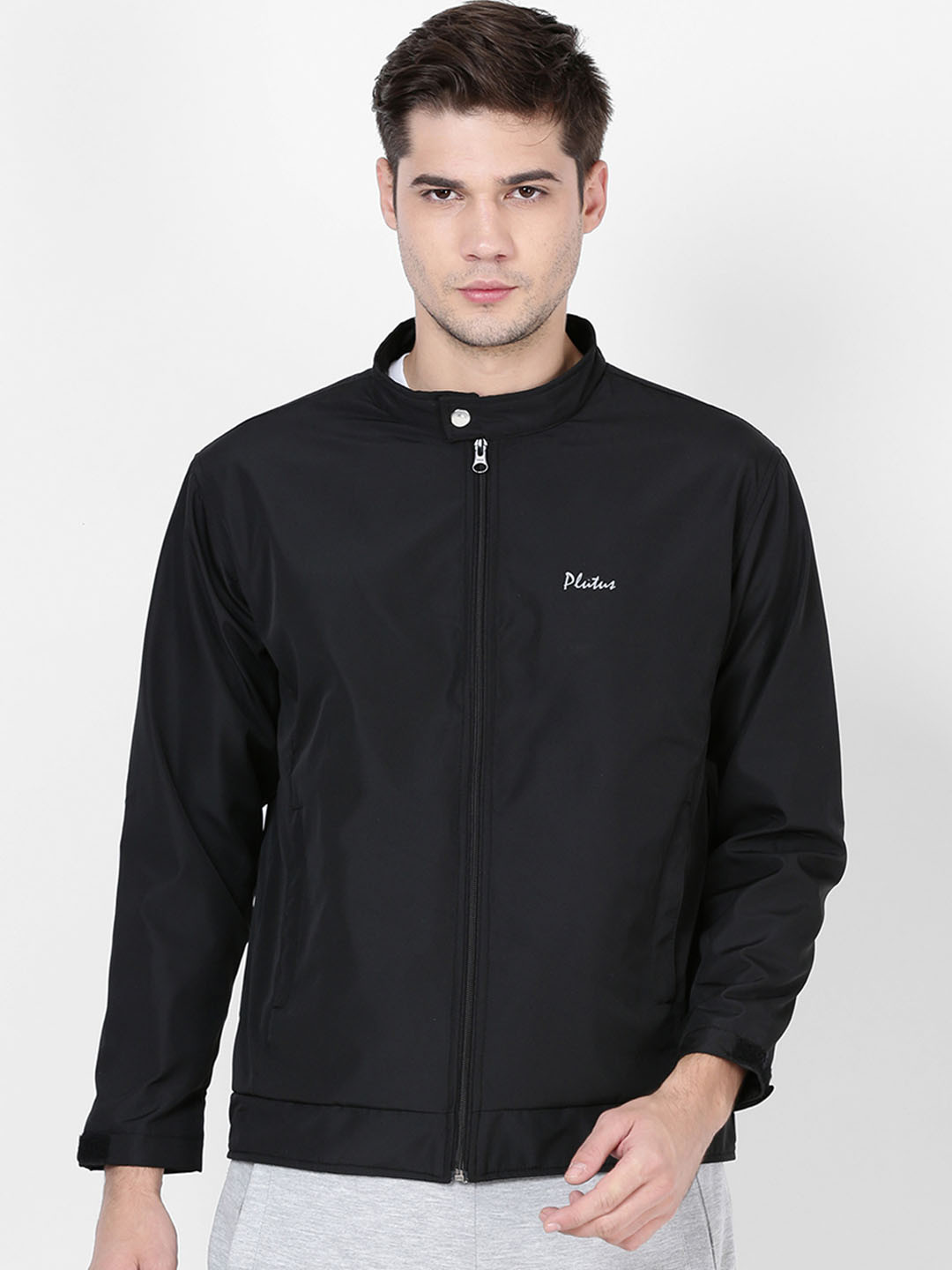 Plutus Men Black Solid Windcheater Bomber Jacket
