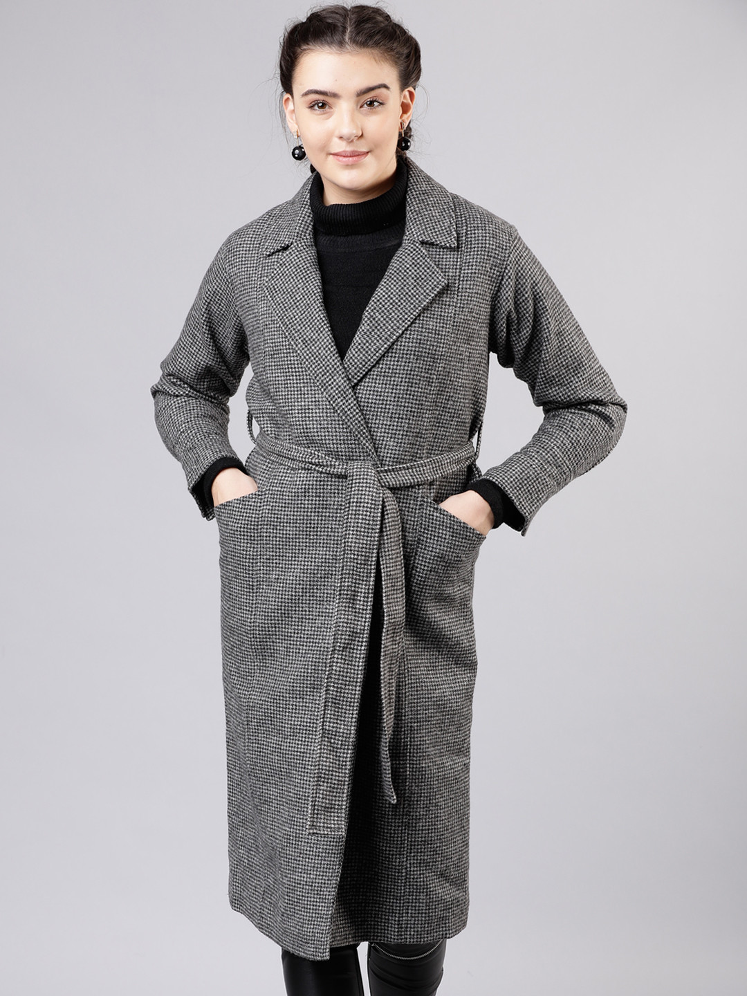 CHIC BY TOKYO TALKIES Women Grey Solid Houndstooth Trench Coat