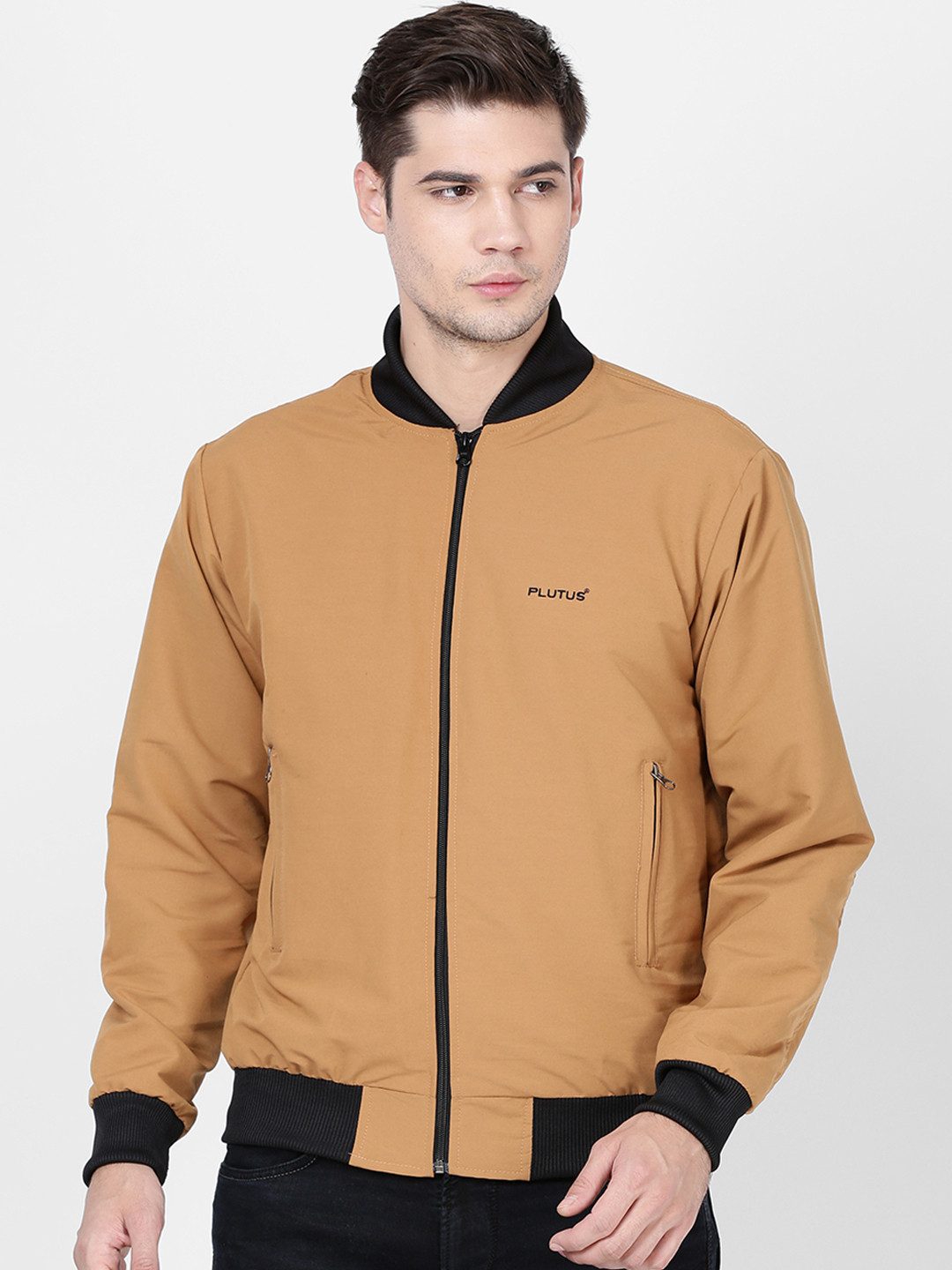 Plutus Men Beige Solid Windcheater Bomber Jacket