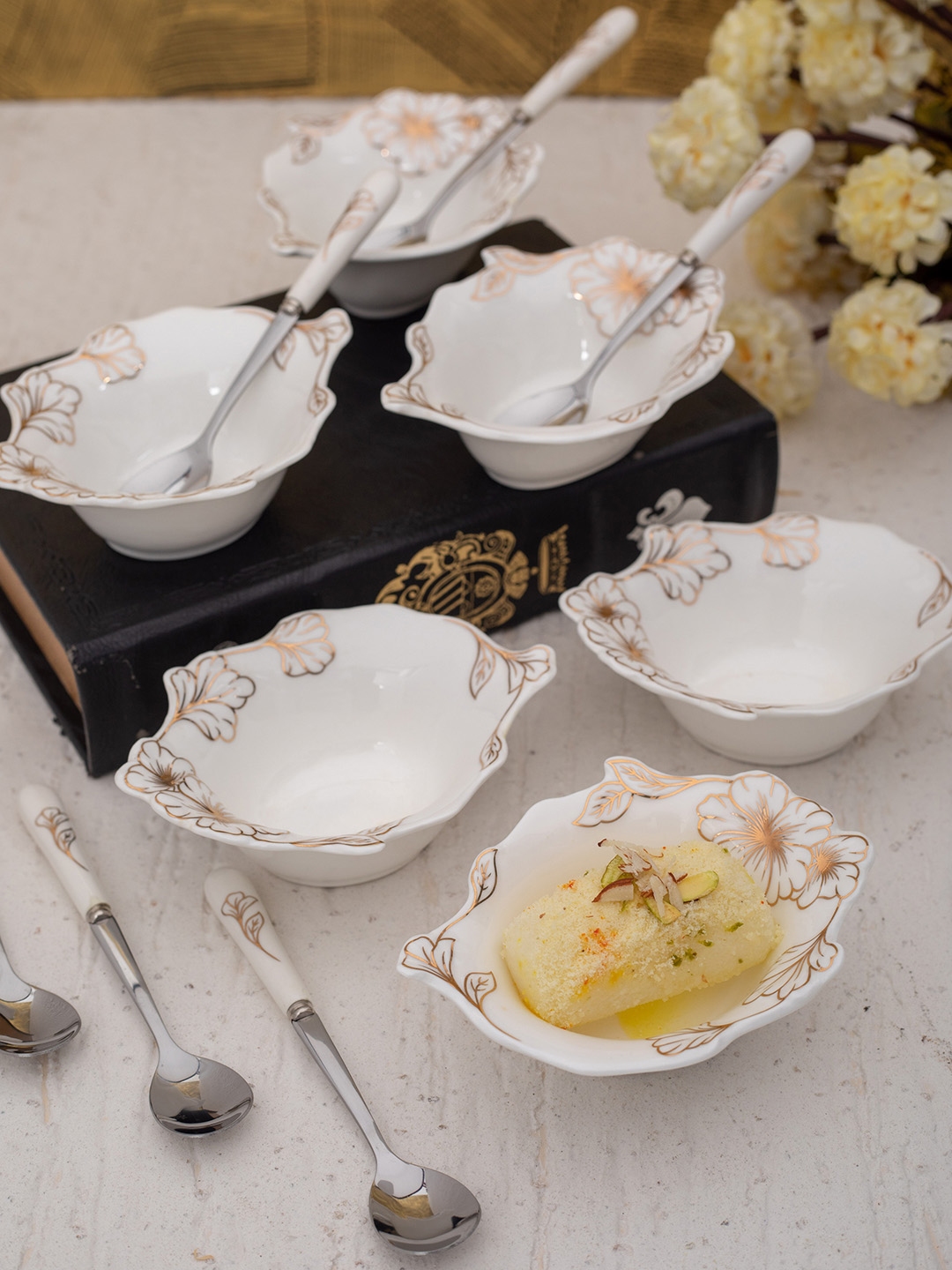 White Gold Set Of 12 White Porcelain Dessert Bowls n Spoons with Real Gold Design