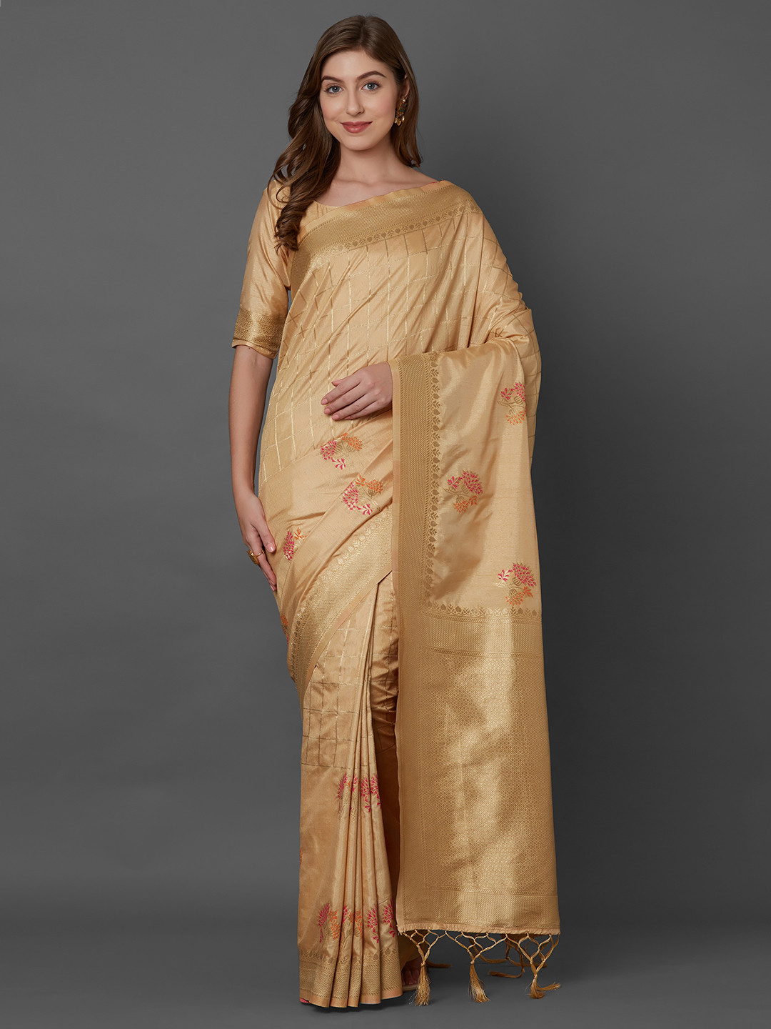 Mitera Beige Silk Blend Woven Design Banarasi Saree