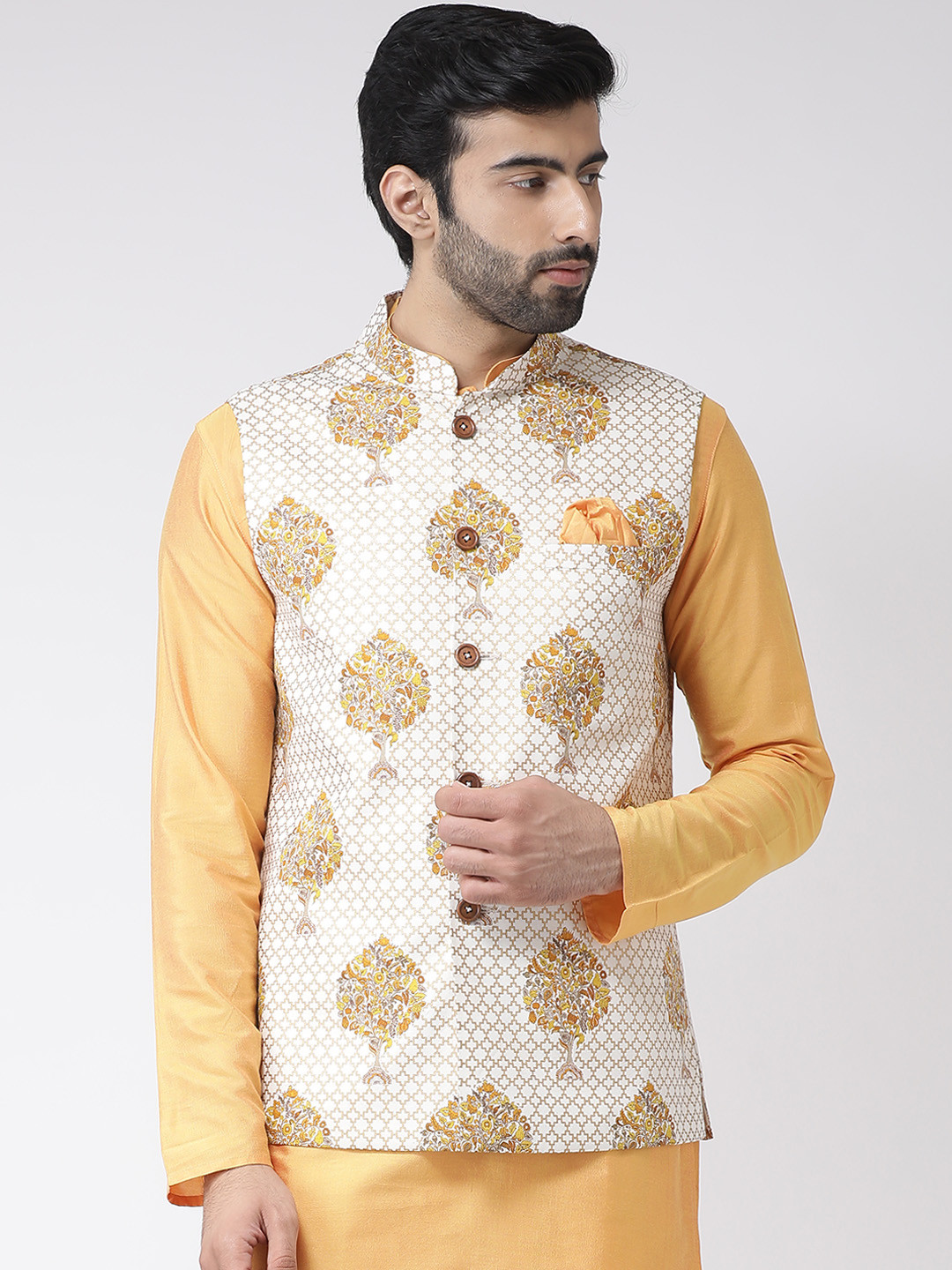 KISAH Men White & Yellow Printed Pure Cotton Nehru Jackets
