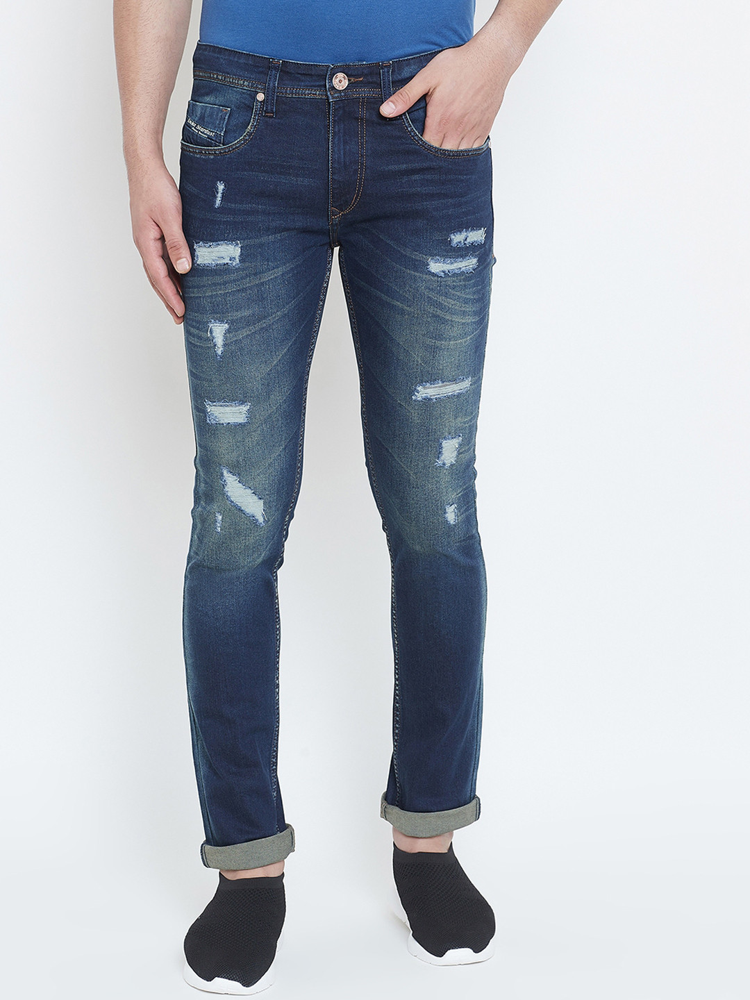 Duke Men Blue Regular Fit Mid-Rise Highly Distressed Stretchable Jeans