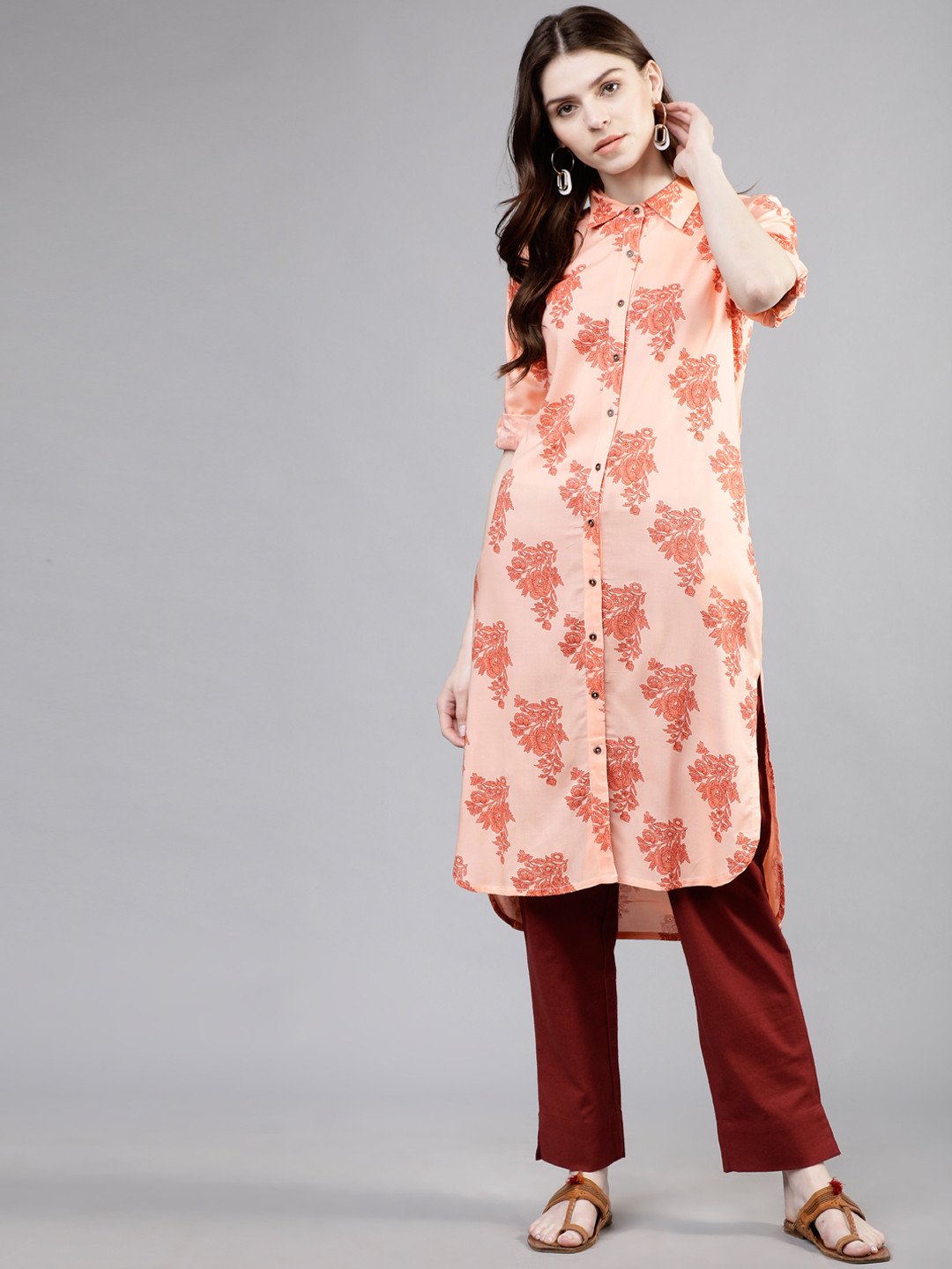 Vishudh Women Peach-Coloured & Orange Floral Print Straight Kurta