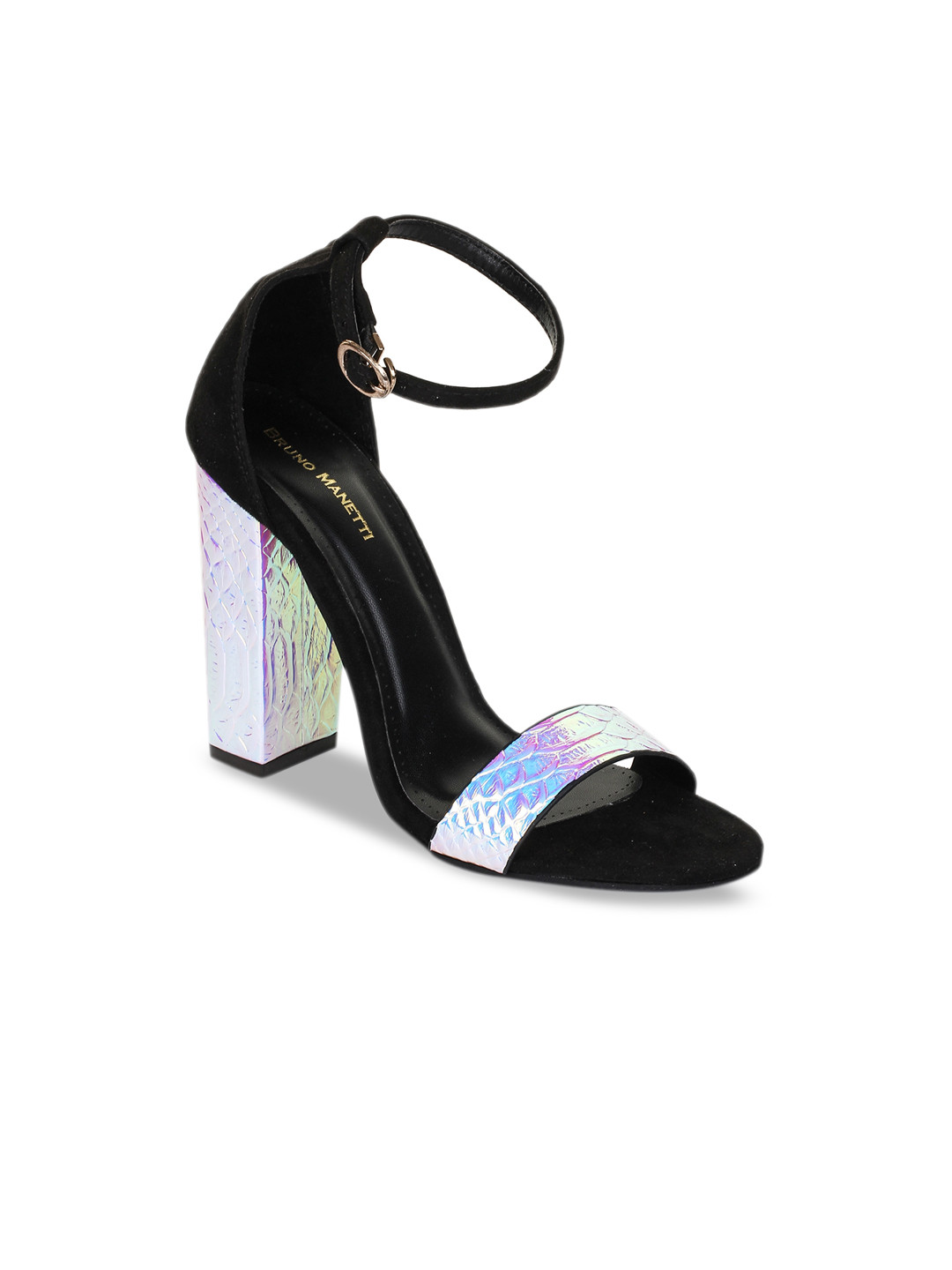 Bruno Manetti Women Silver-Toned & Black Solid Sandals