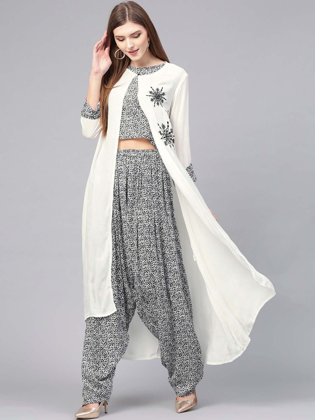Pannkh Women White & Black Solid Top with Dhoti Pants and Jacket