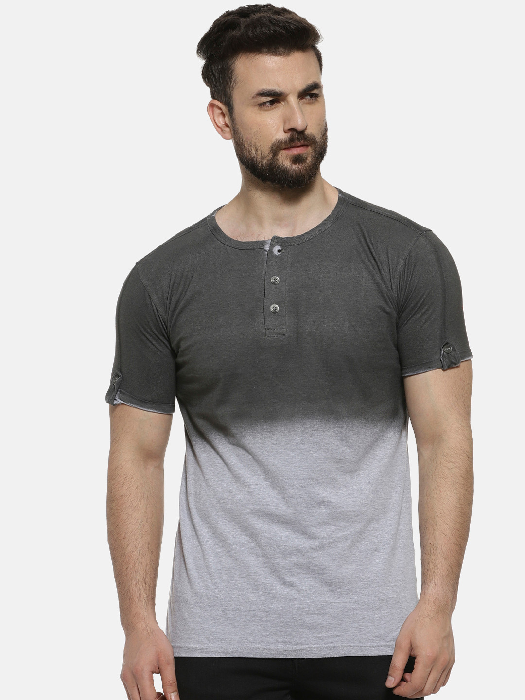 Campus Sutra Men Charcoal Grey Colourblocked Henley Neck T-shirt