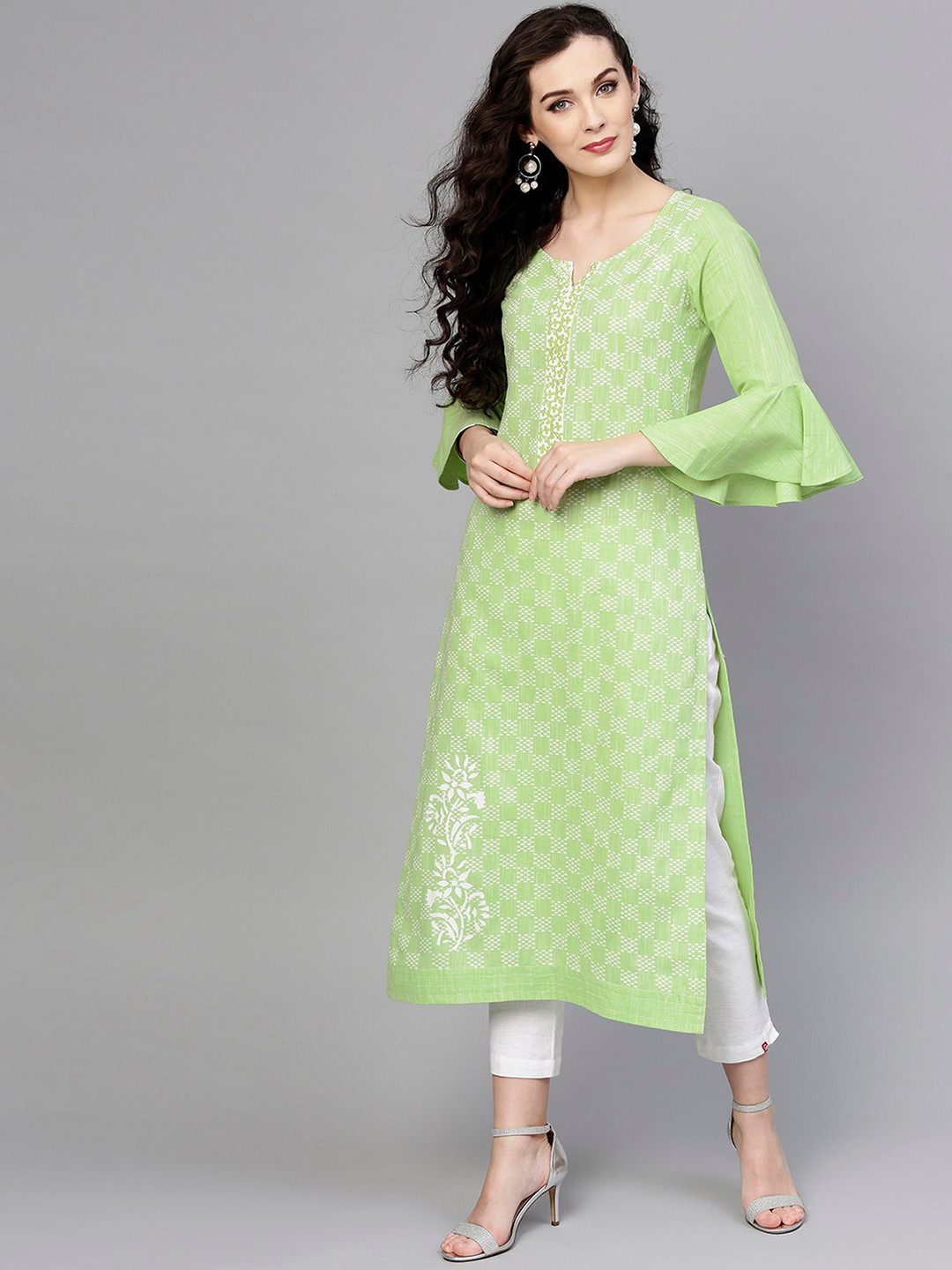 Pannkh Women Green Printed Chambray Straight Kurta