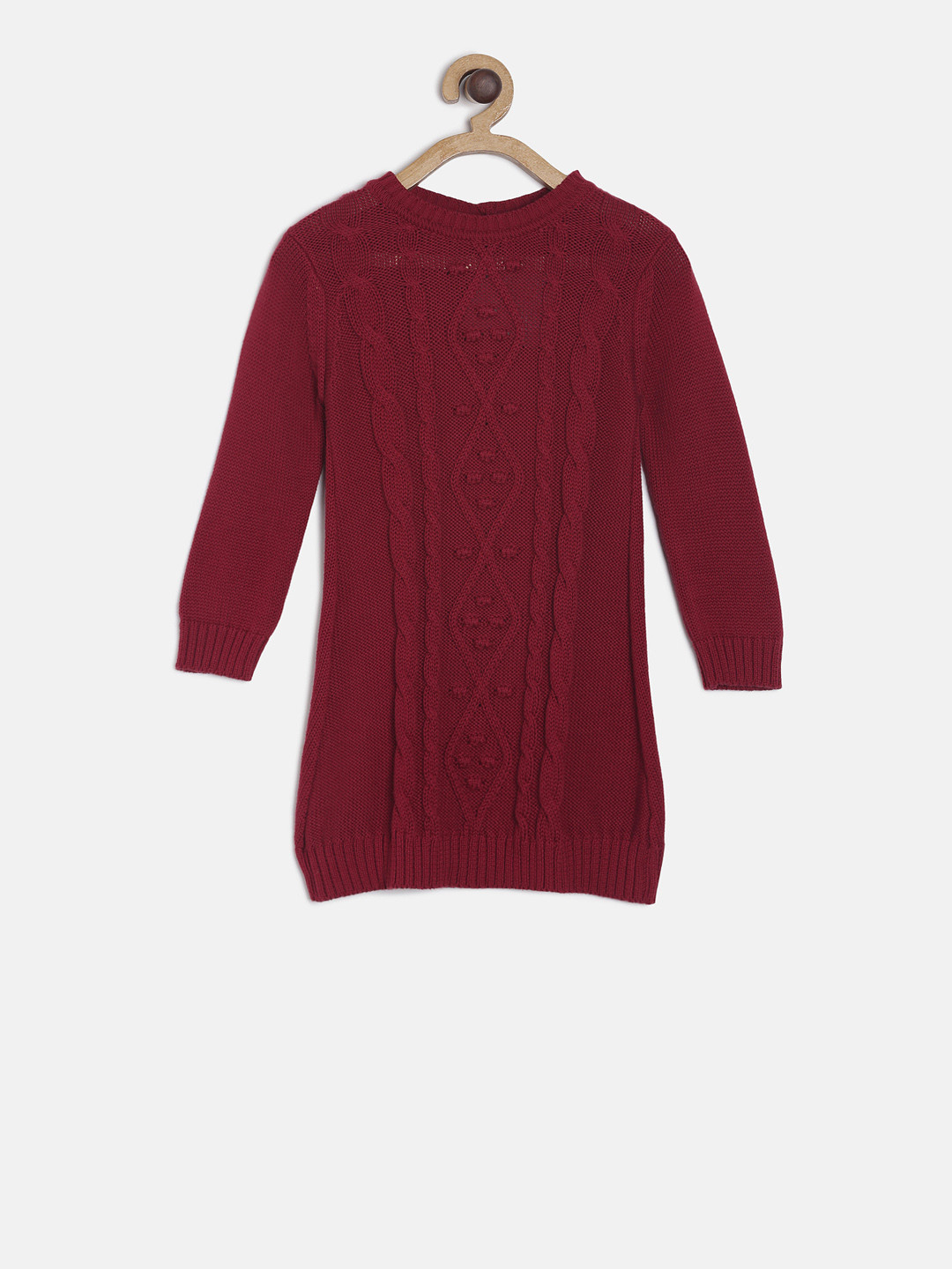 MINI KLUB Girls Red Self Design Pullover Sweater