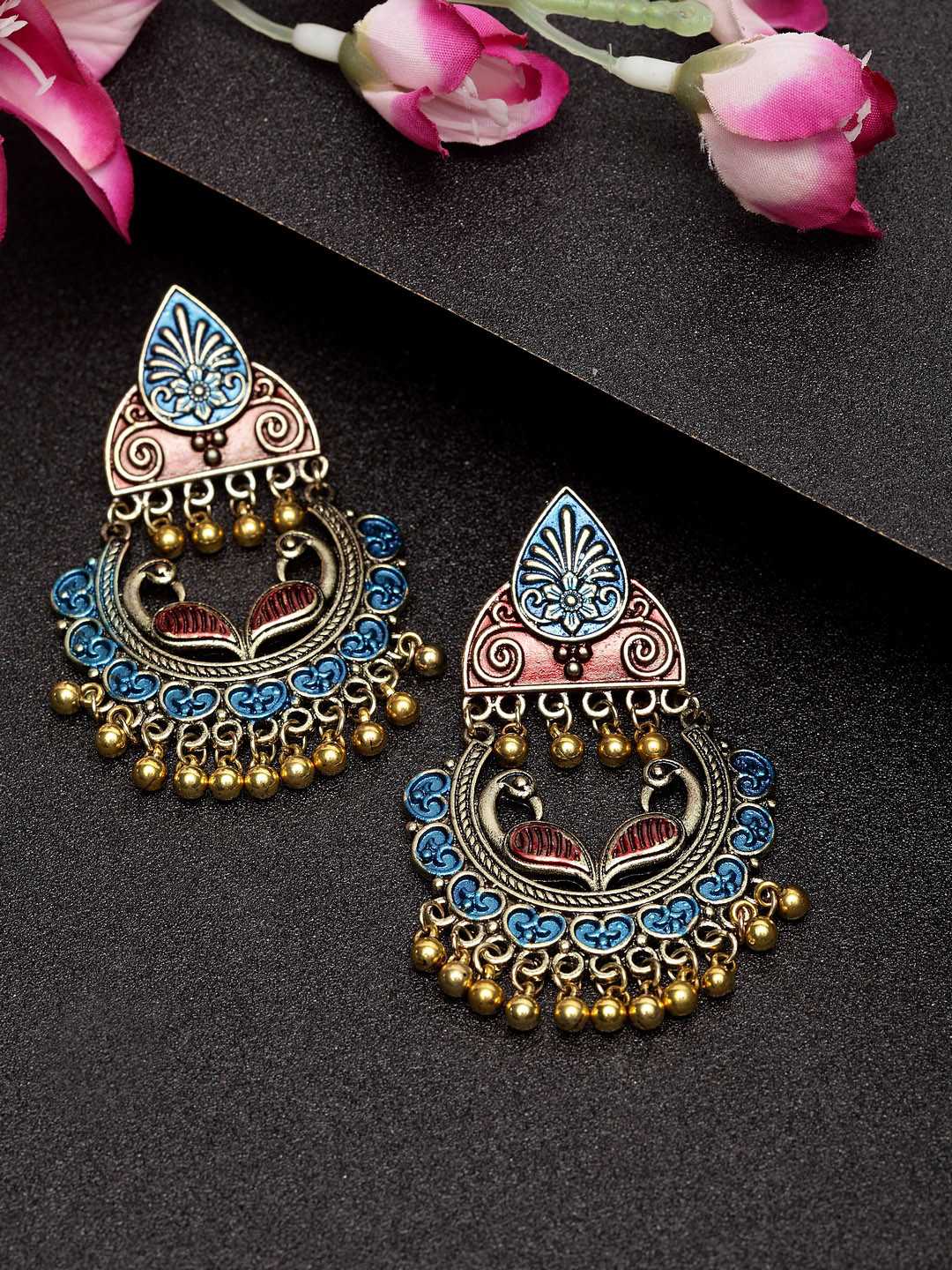 Moedbuille Gold-Plated & Blue Hand-Painted Meenakari Peacock Shaped Earrings