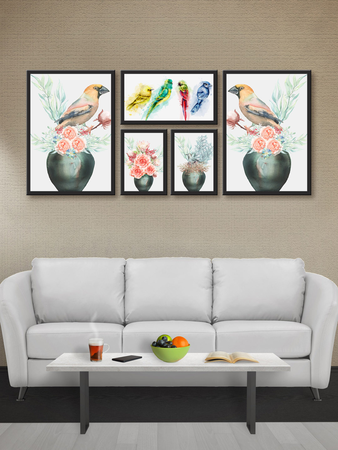 999Store Set of 5 White & Grey Bird MDF Wall Art