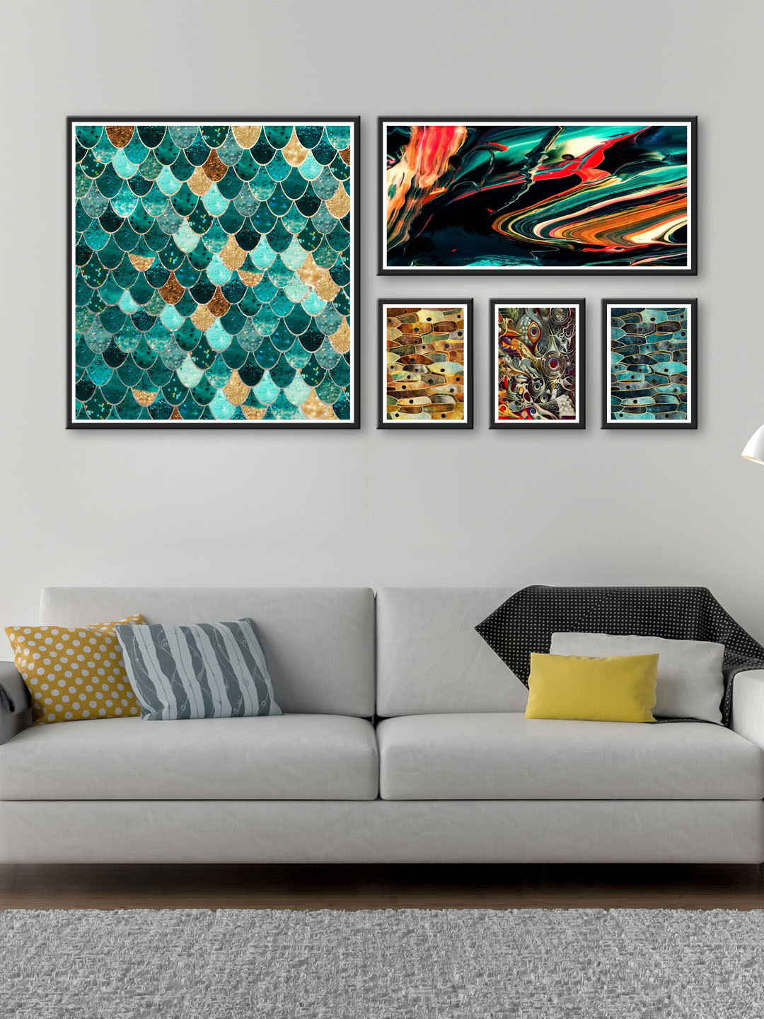 999Store Teal MDF 5 Pcs Wall Home Office Rectangle Potrait Paintings Wall Art -48 x 24In