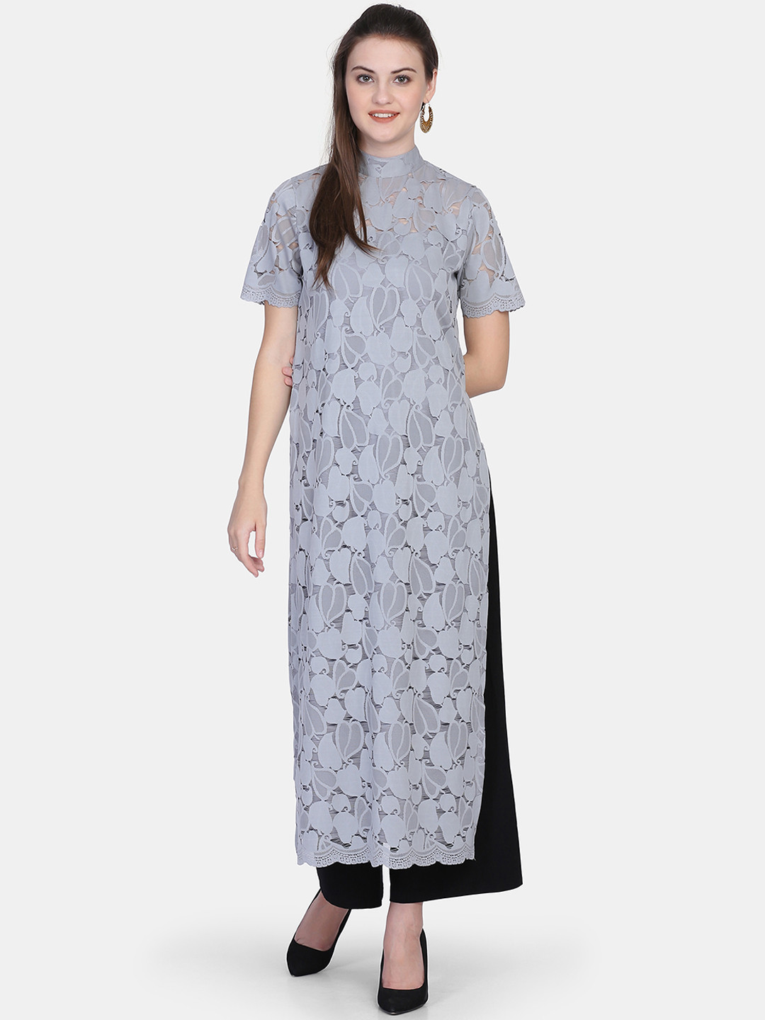 Ojjasvi Women Grey Woven Design Straight Kurta