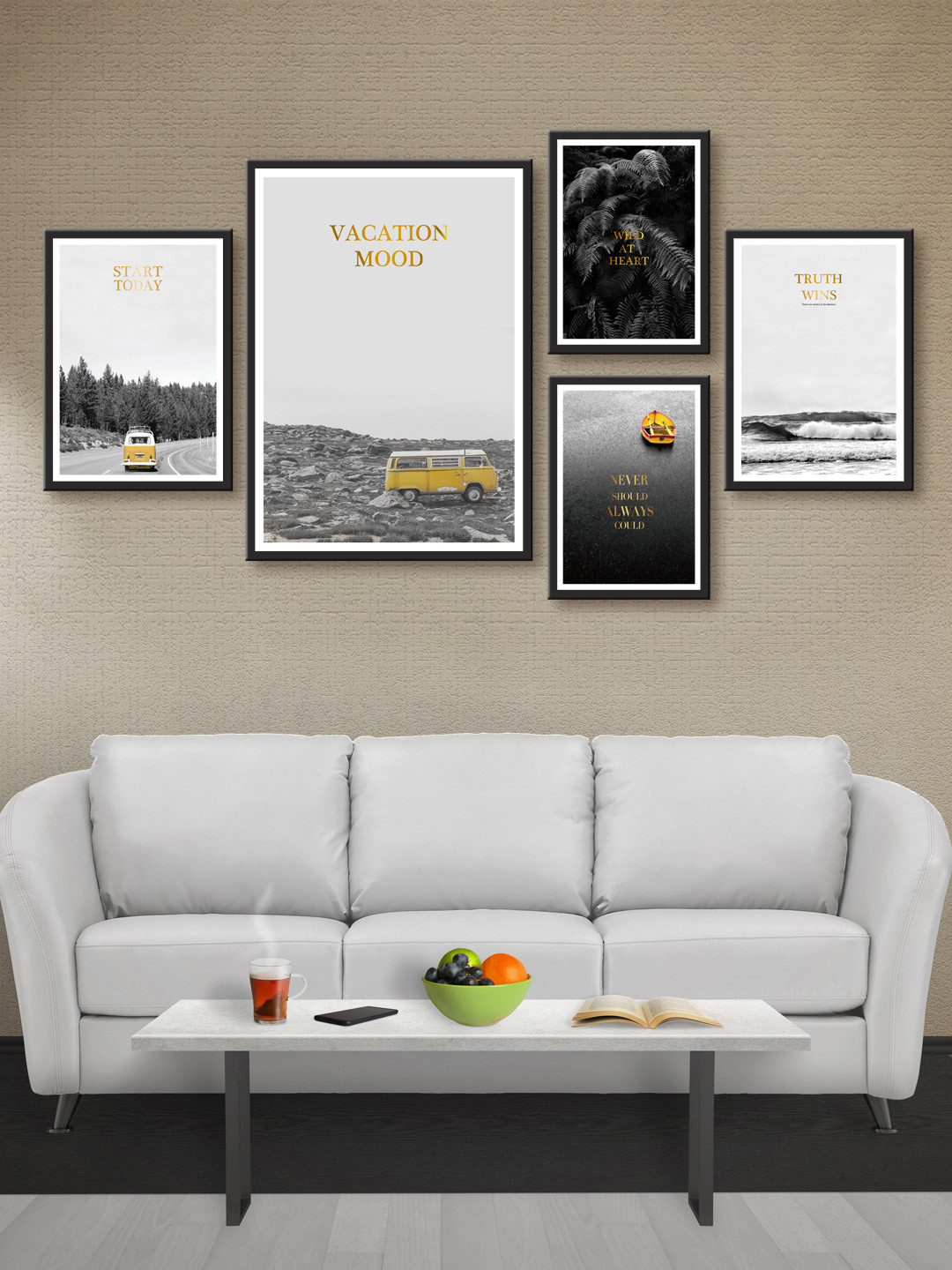 999Store Set of 5 Grey & Yellow Printed MDF Wall Art