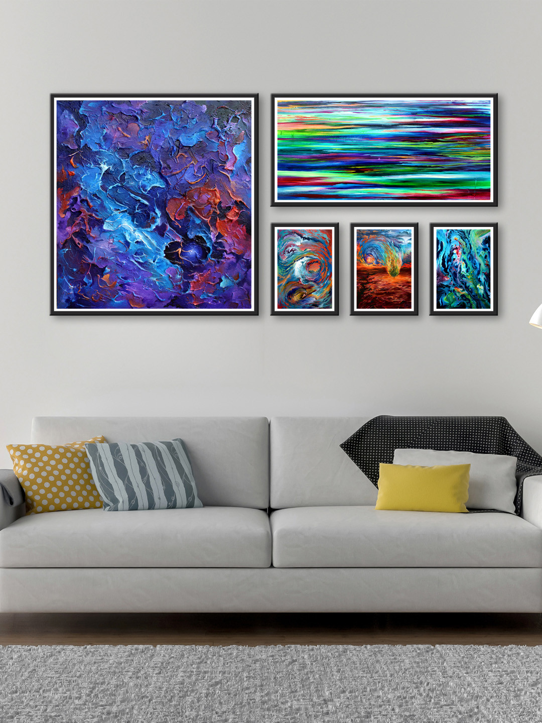 999Store Blue MDF 5 Pcs Wall Living Room Rectangle Potrait Paintings Wall Art -48 x 24In