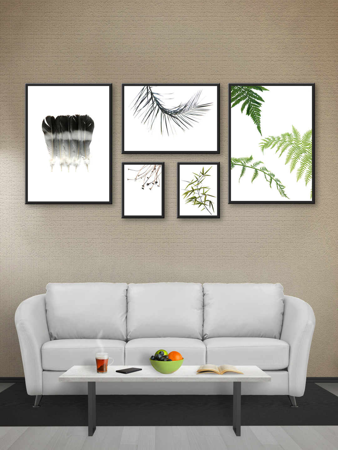 999Store Black and Green Leaves MDF 5 Piece Wall Rectangle Paintings Wall Art - 30 x 54 in