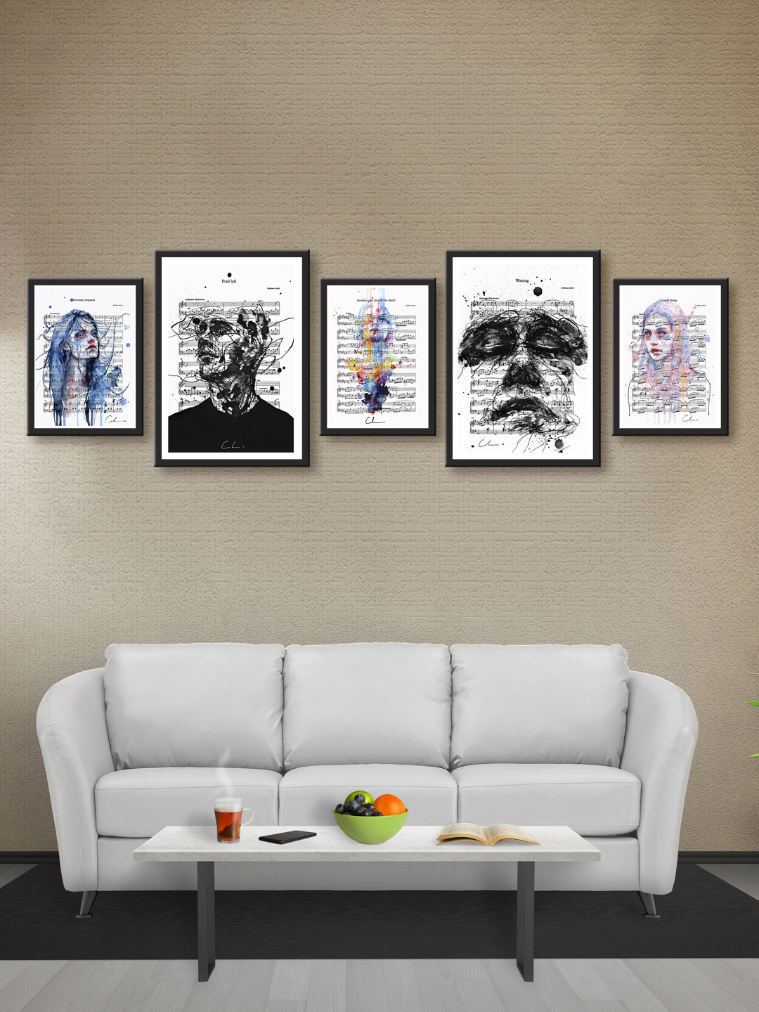 999Store Set of 5 White & Black Printed MDF Wall Art