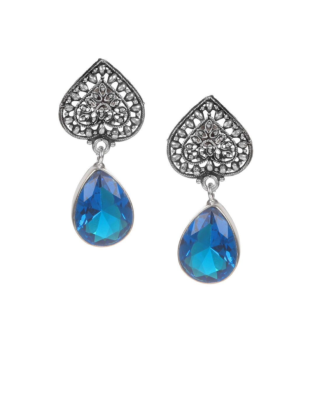 Bamboo Tree Jewels Blue & Silver-Toned Teardrop Shaped Handcrafted Drop Earrings