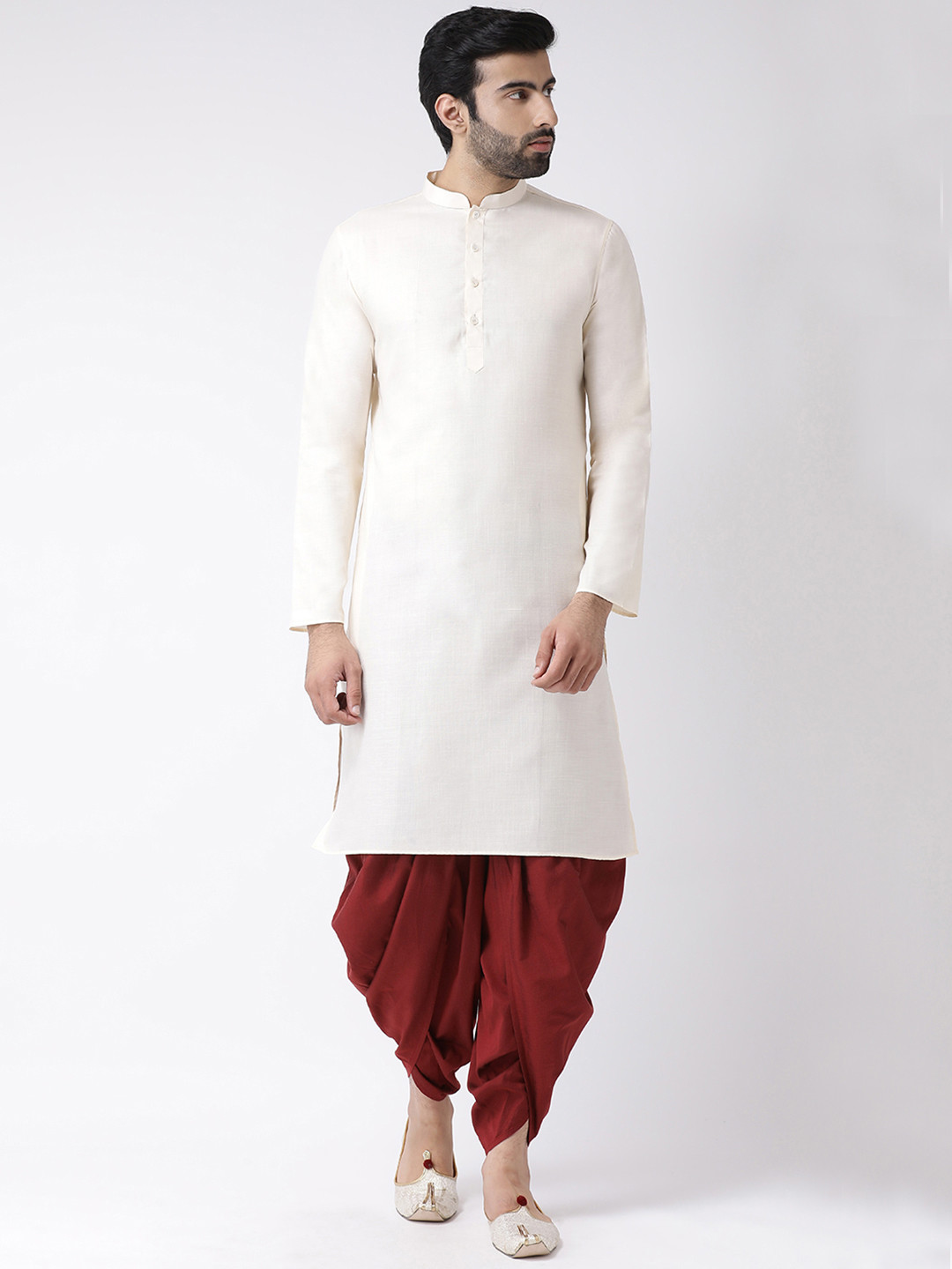 KISAH Men Cream-Coloured & Maroon Solid Kurta with Dhoti Pants