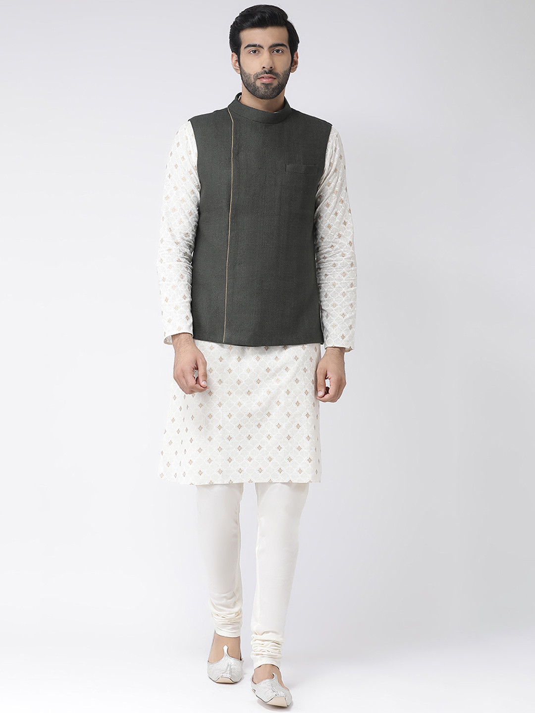 KISAH Men White & Olive Green Self Design Kurta Churidar & Nehru Jacket Set
