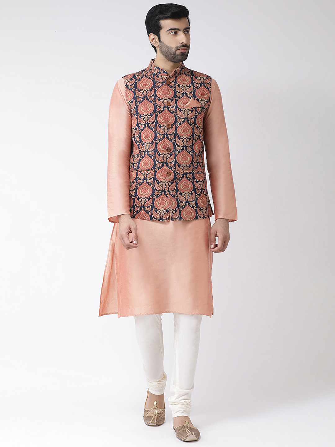 KISAH Men Peach-Coloured Printed Kurta with Churidar
