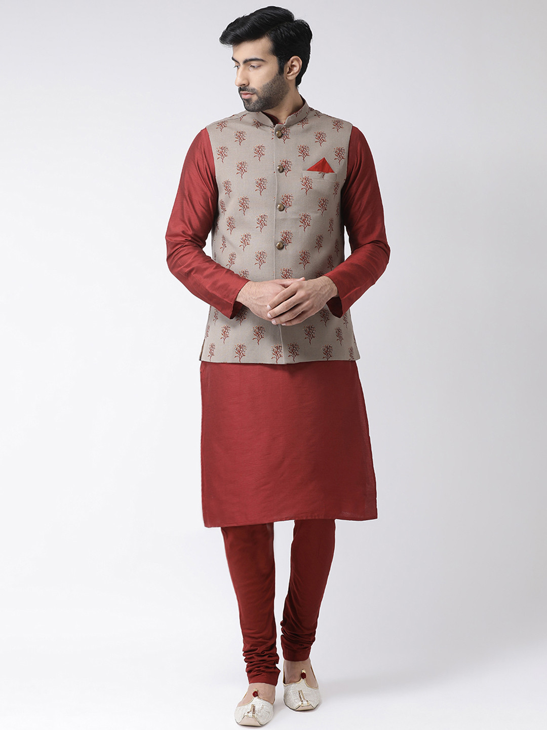 KISAH Men Maroon & Khaki Printed Kurta Set & Jacket