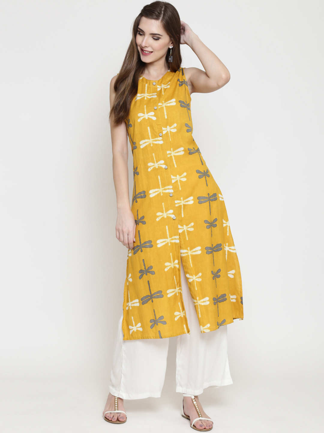 Sera Women Mustard Yellow & White Printed Kurti with Palazzos
