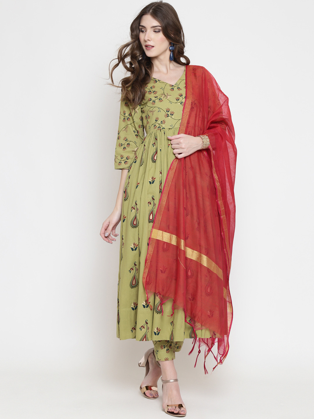 Sera Women Olive Green Printed Anarkali Kurta