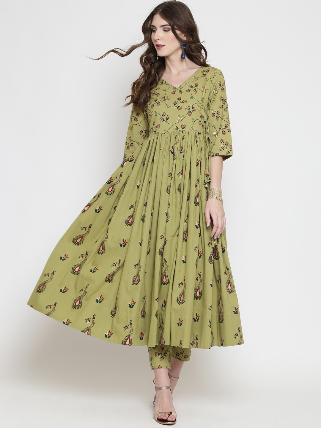 Sera Women Olive Green Ethnic Motifs Printed Pleated Pure Cotton Kurta with Trousers