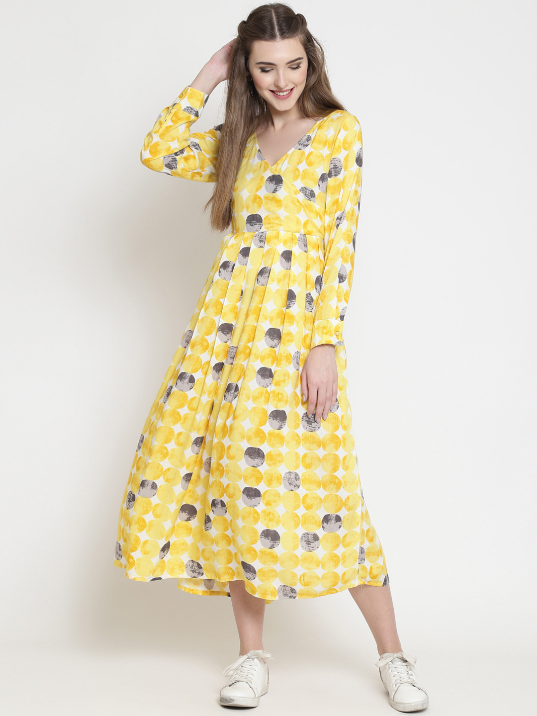 Sera Women Yellow & White Printed Wrap Fit and Flare Dress