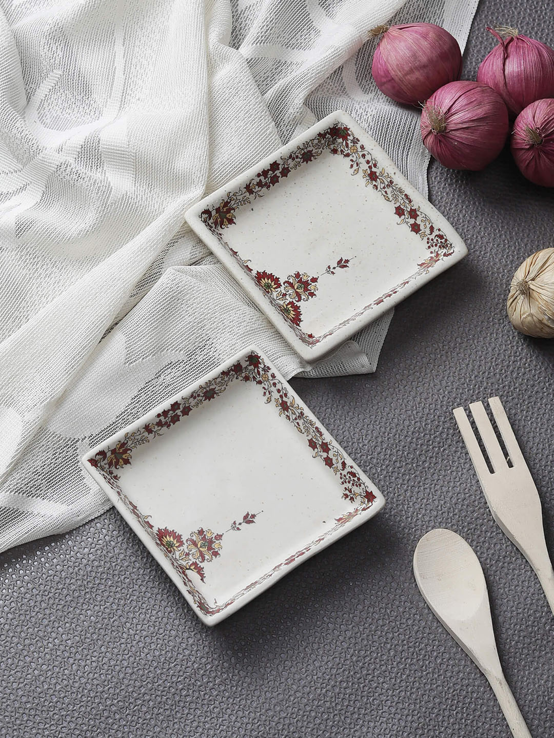 MIAH Decor Set of 2 White & Red Ceramic Handcrafted Plates