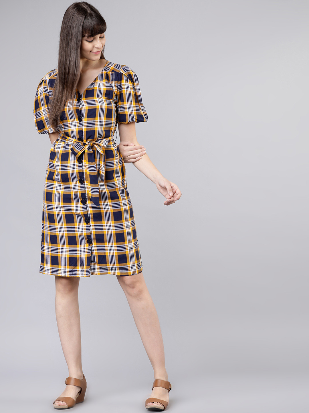 Tokyo Talkies Women Checked Navy Blue Fit and Flare Dress
