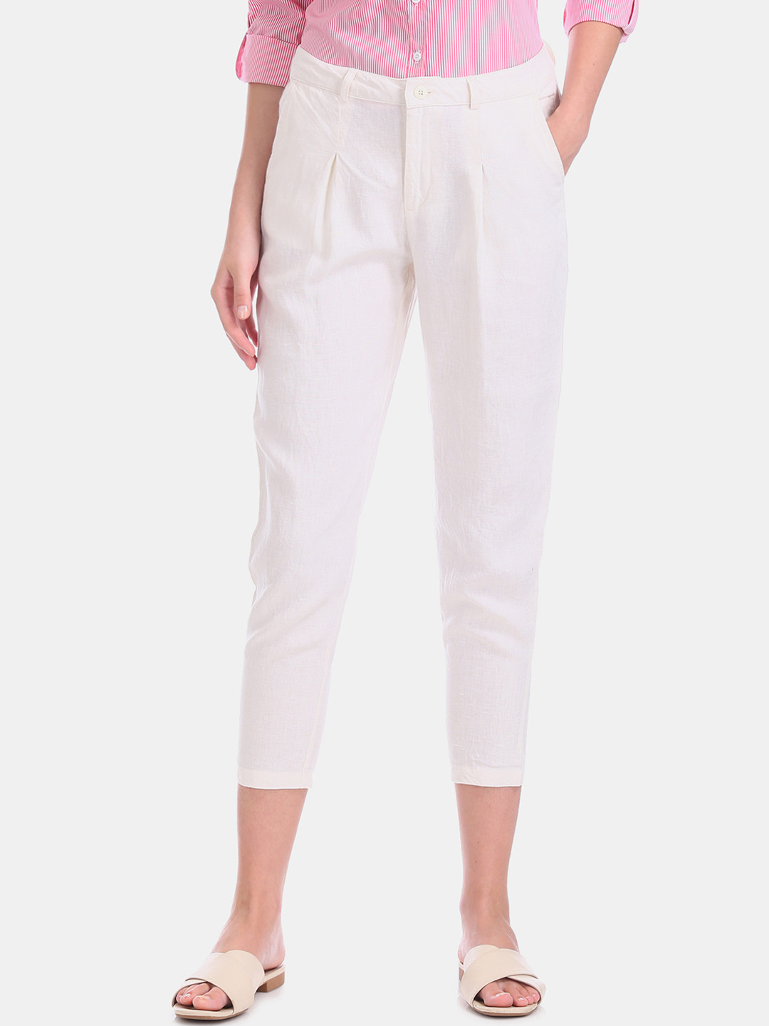 U.S. Polo Assn. Women White Straight Fit Solid Three-Fourth Length Peg Linen Trousers