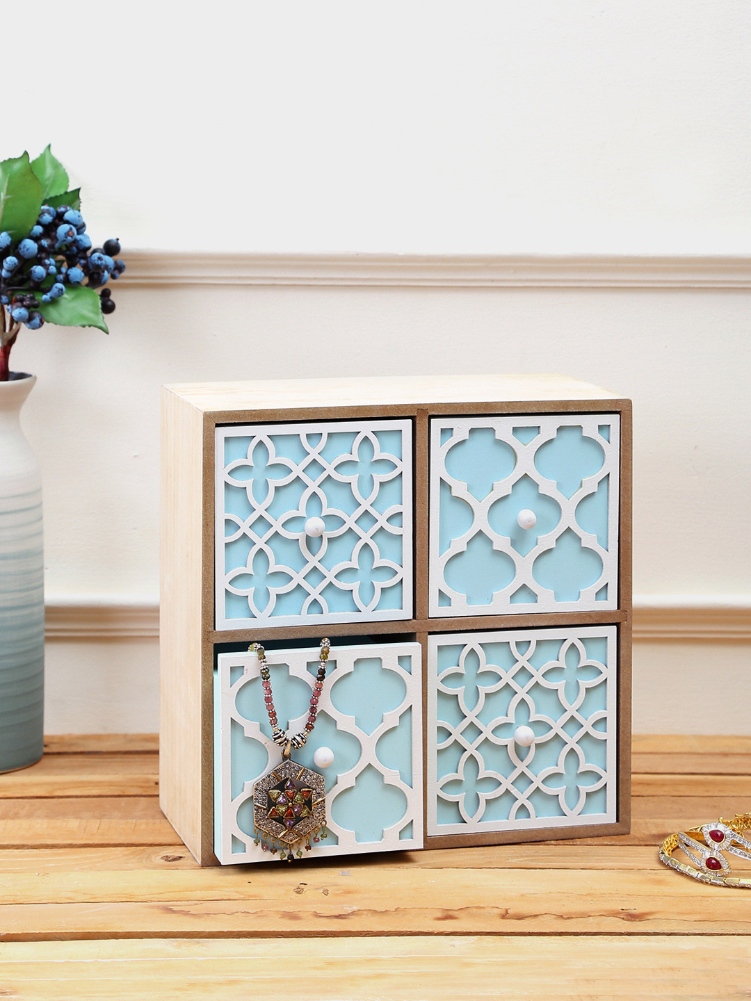 Aapno Rajasthan Blue & White Solid Wooden Jewellery Organiser